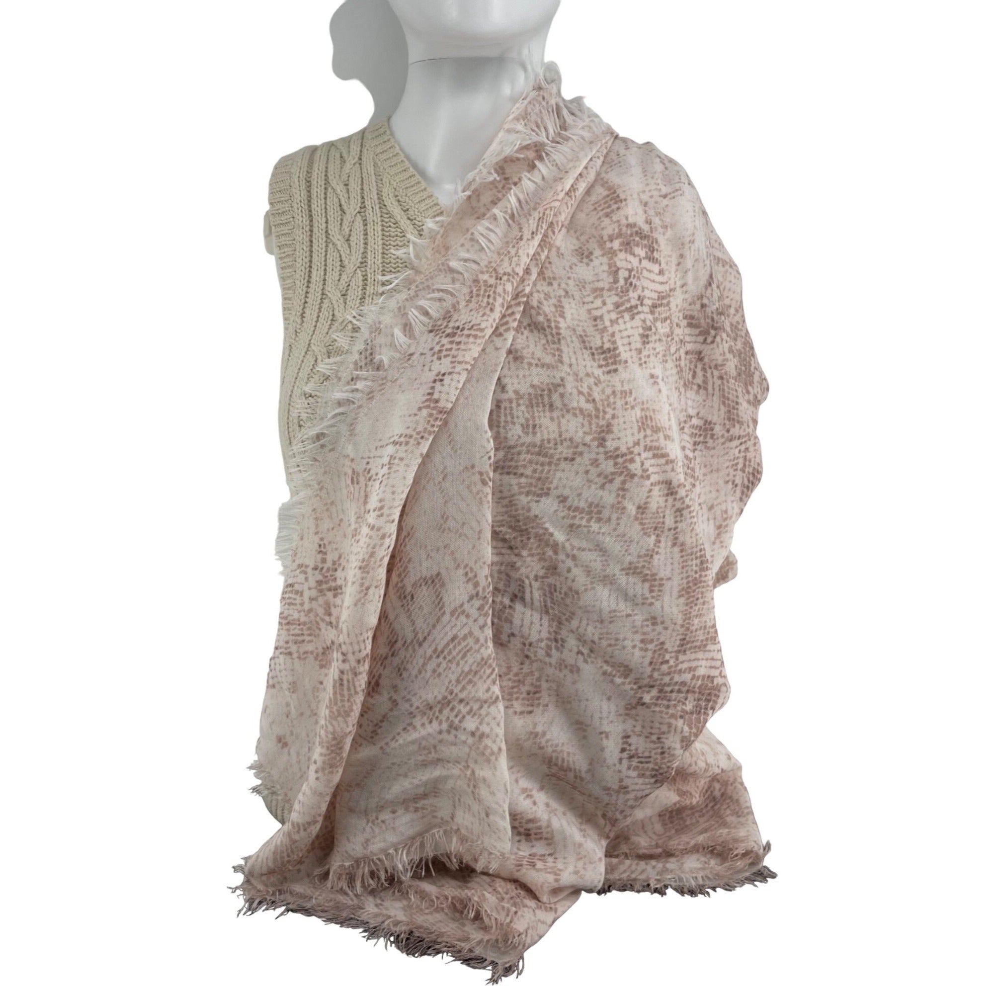 Women's Light Pink & Mauve Snakeskin Print Sheer Scarf W/ Fringe Hem