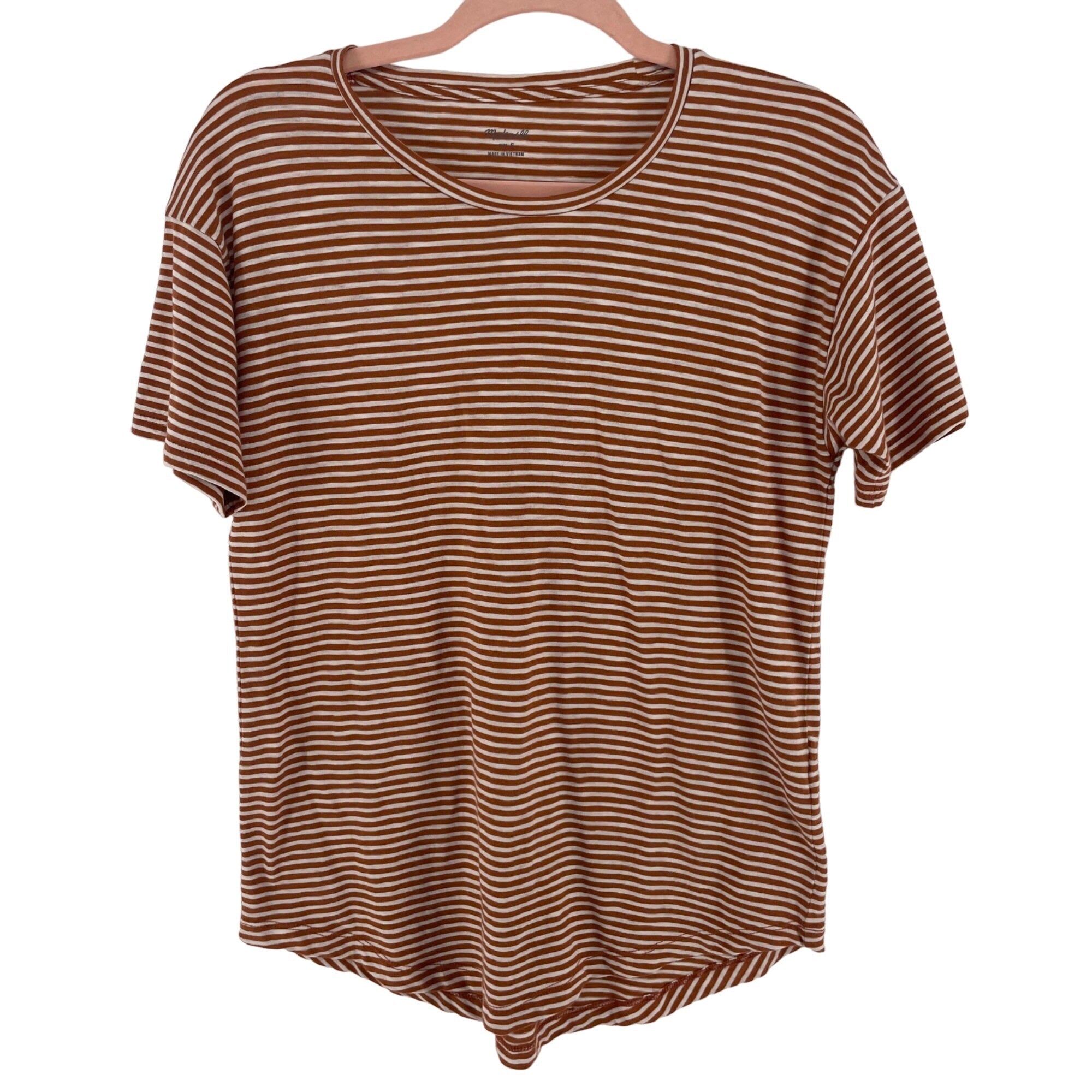 Madewell Women's Size Small Burnt Orange & White Striped Crew Neck T-Shirt