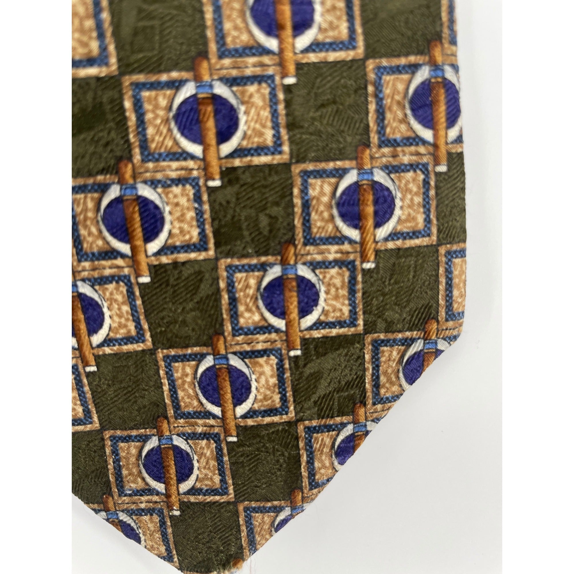 Fumagalli's Men's Olive Green, Navy & Tan Cigar Print Silk Dress Tie