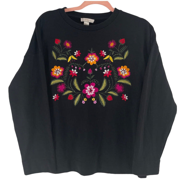 Forever 21 Women's Size Medium Black Crew Neck Sweatshirt W/ Multi-Colored Floral Motif