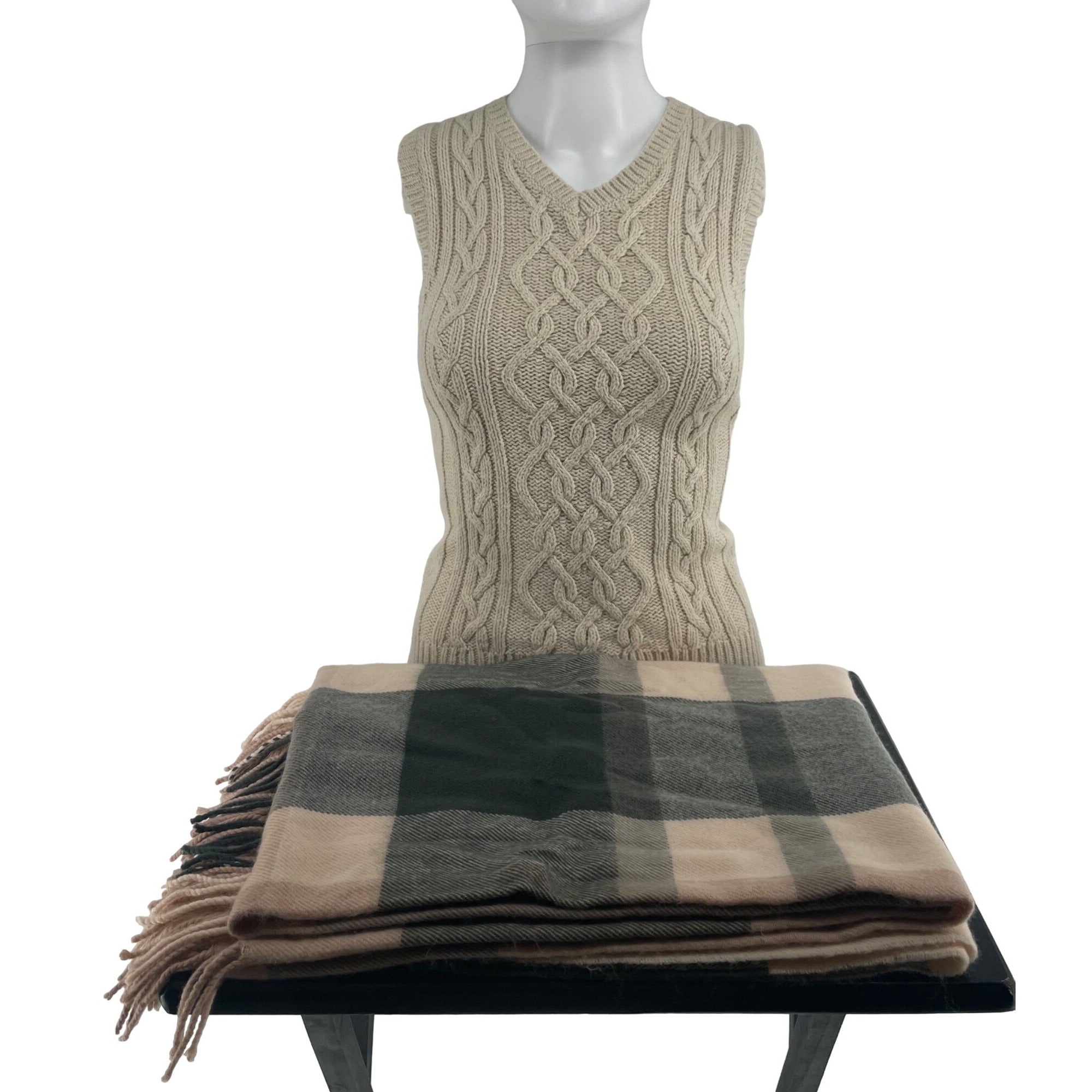 NWOT J. Crew Women's Large Grey & Light Pink Plaid Mock Wool Winter Scarf W/ Tassels
