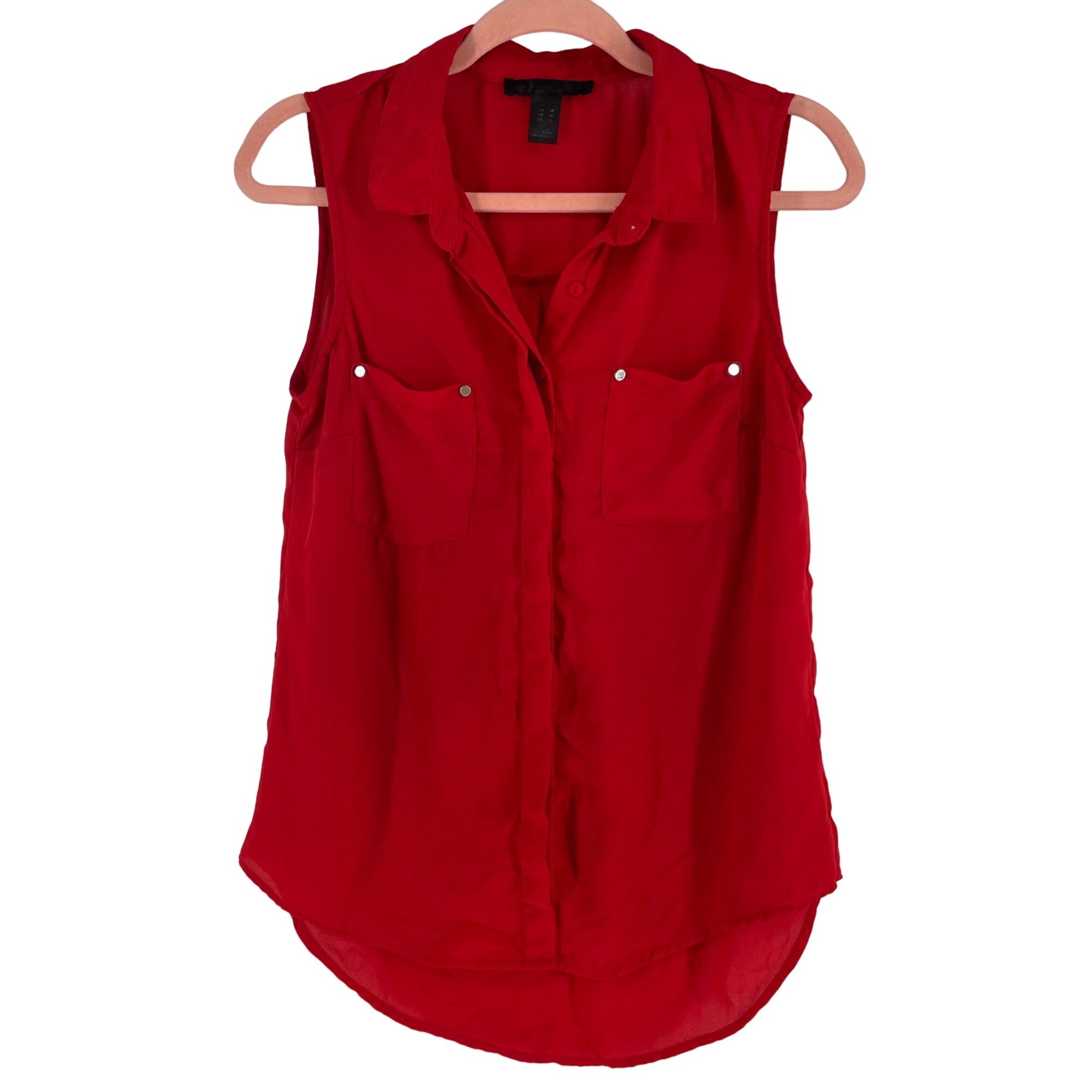 Women's Size Medium Red Sleeveless Sheer Button-Down Collared Top