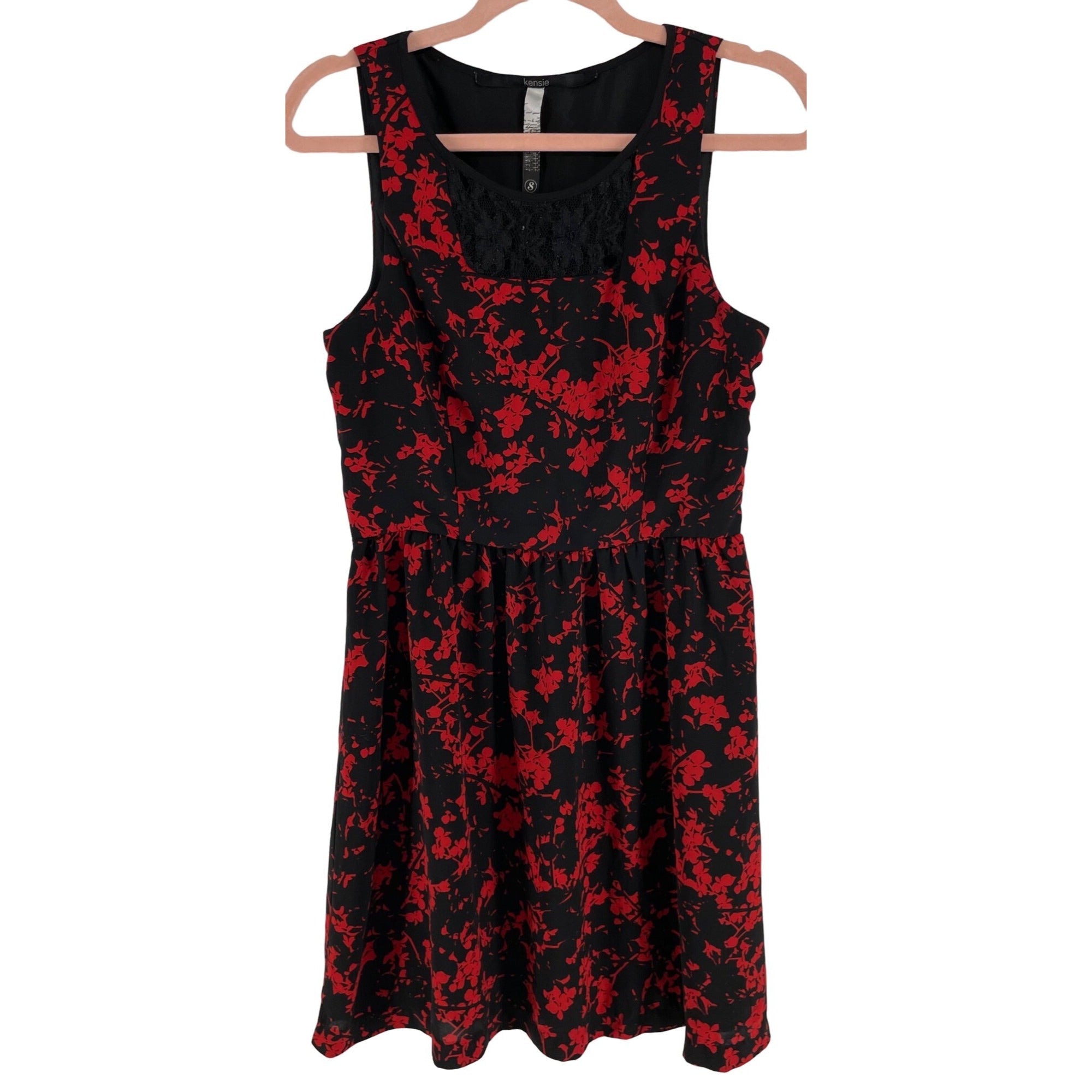 Kensie Women's Size Small Red & Black Floral Print Dress W/ Lace Bodice