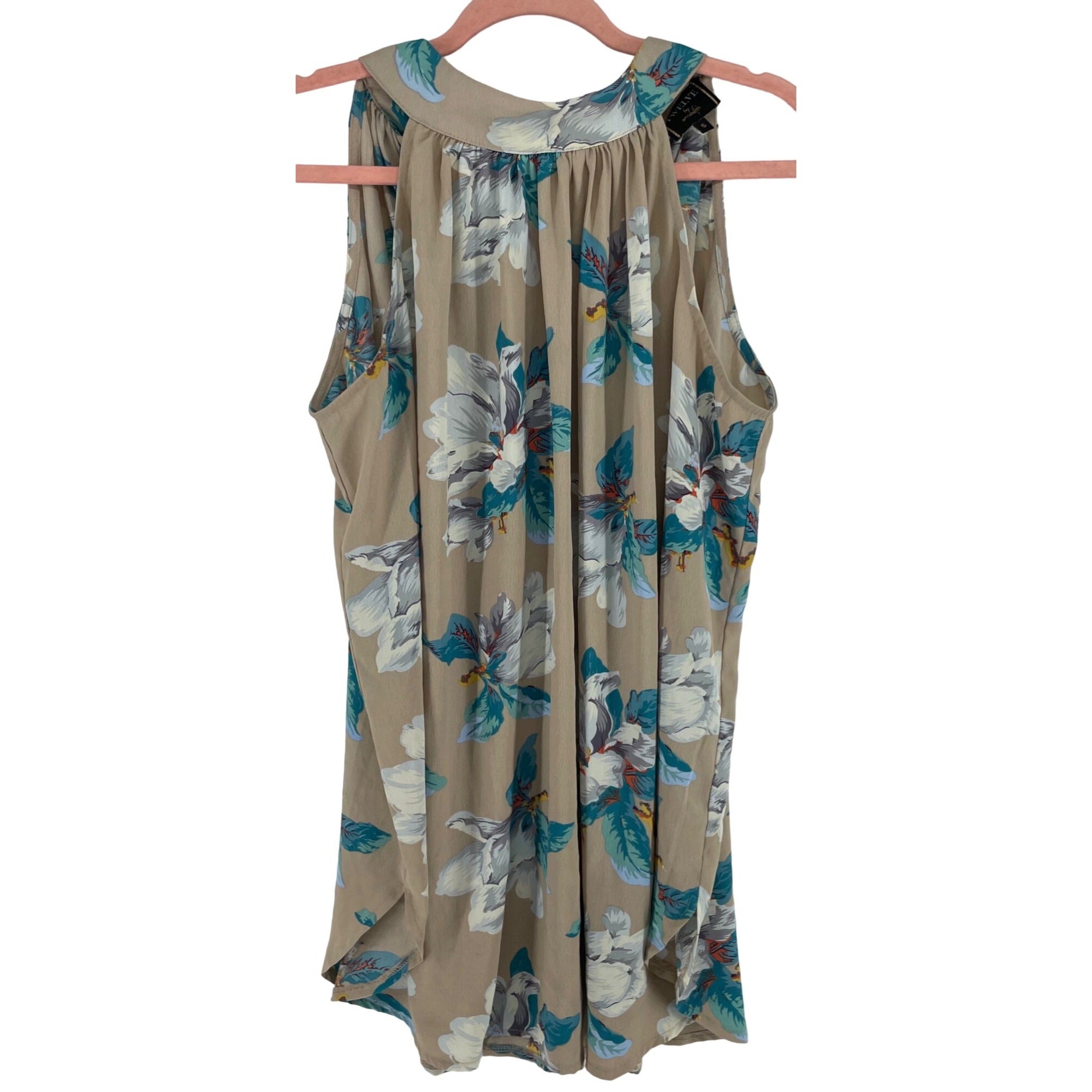 Twelve By OnTwelfth Women's Size Small Sleeveless Summer Floral Print Tan/Aqua Dress W/ Sash