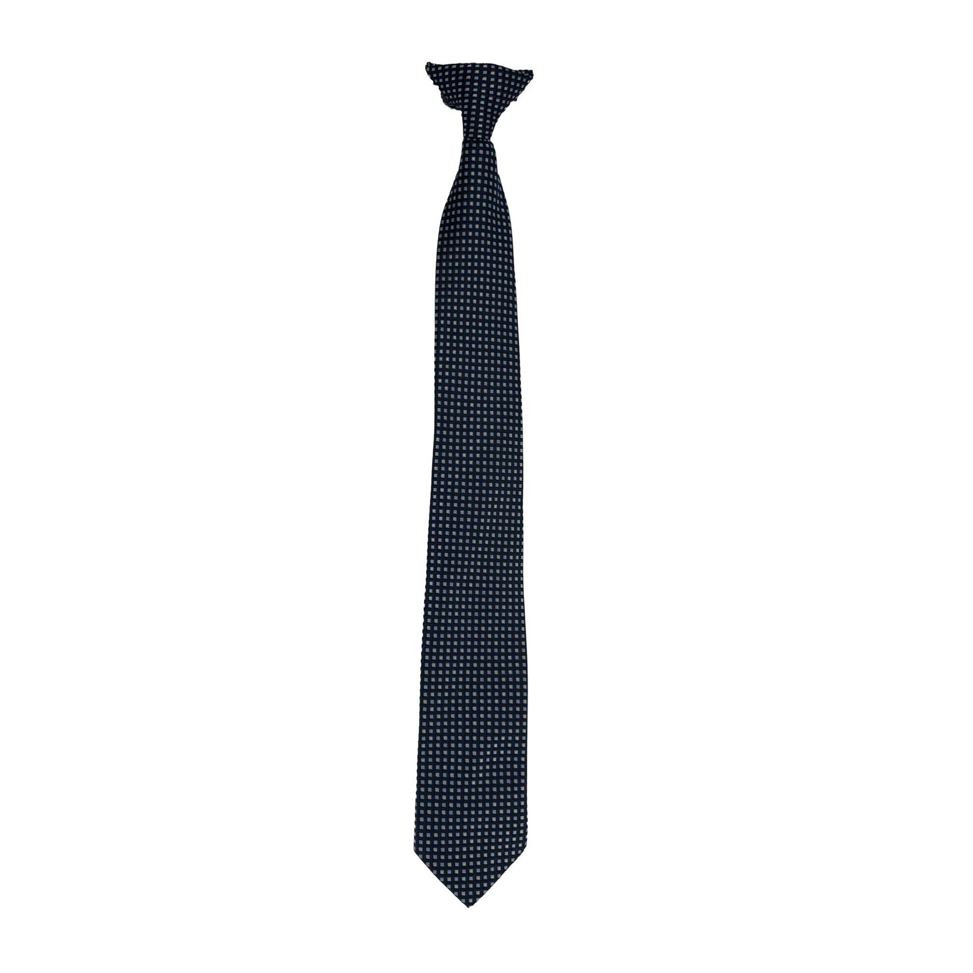 Men's Small Navy Clip-On Dress Tie W/ Silver and Light Blue Squares