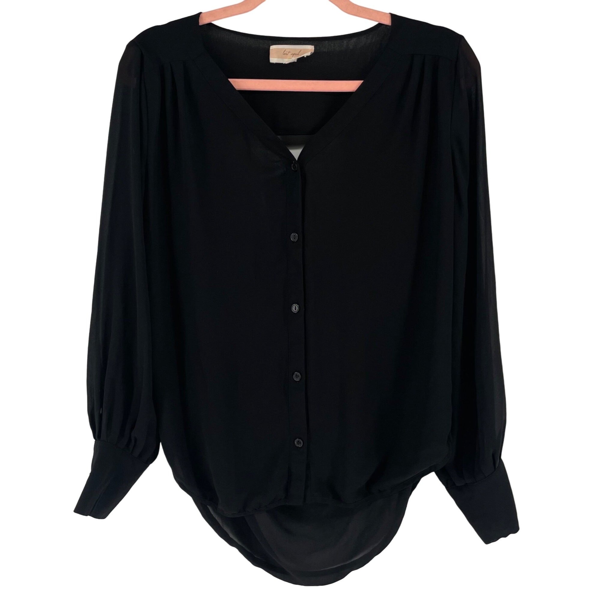 Lost April Women's Size Medium Black Button-Down Sheer Blouse W/ Open Swoop in Back