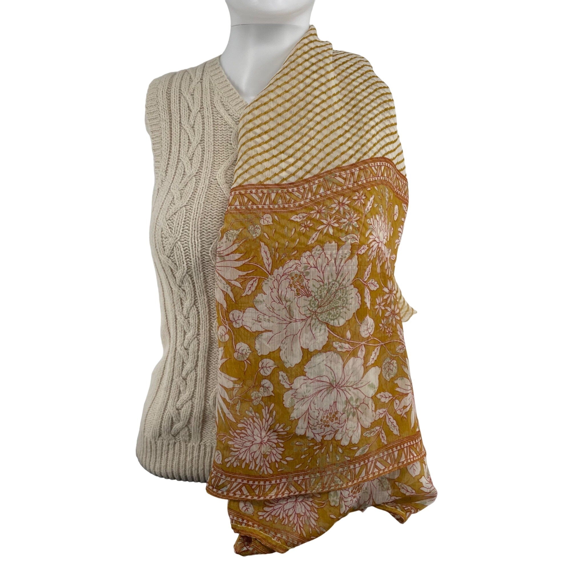 Women's Mustard Yellow, White & Green Sheer Floral & Striped Scarf