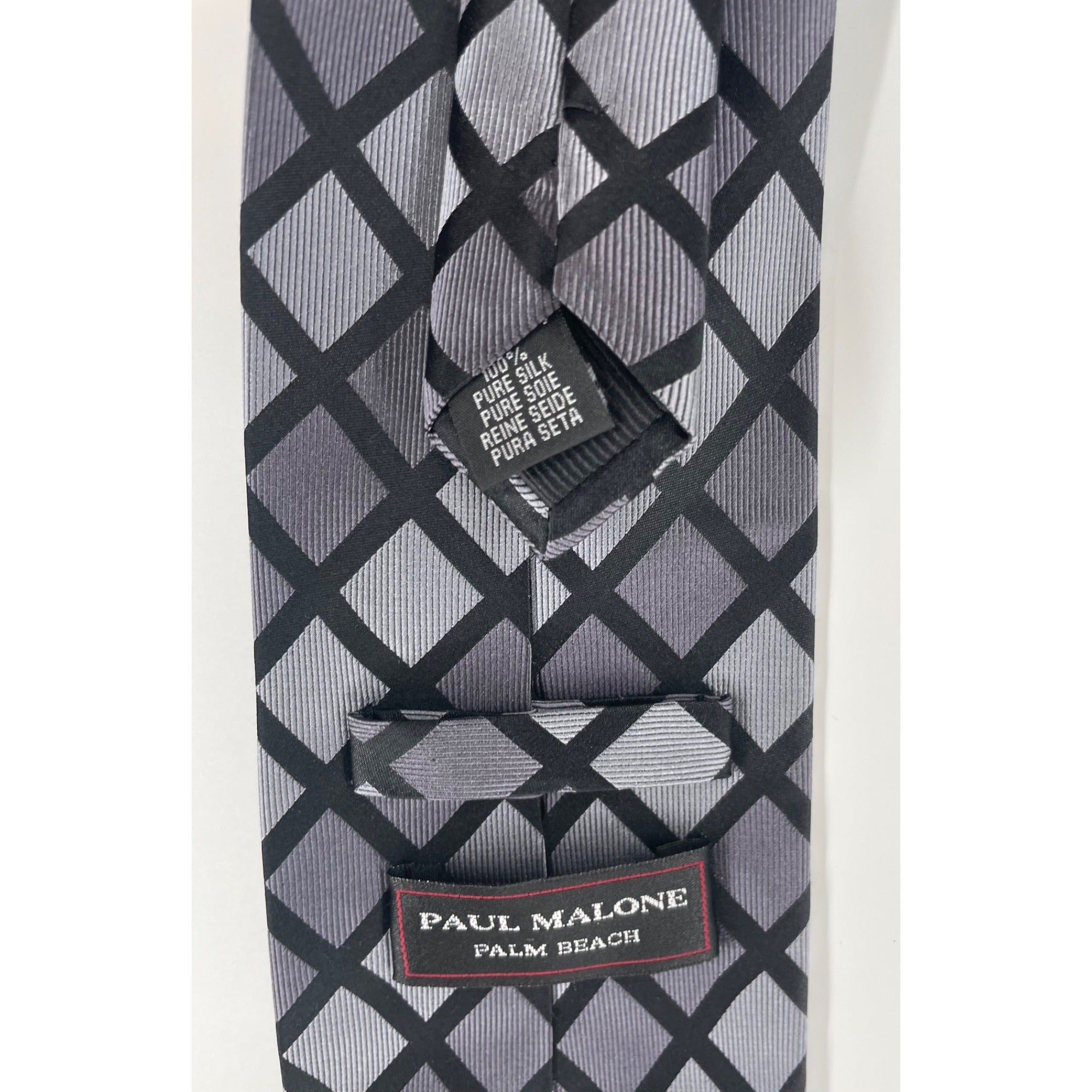 Paul Malone Palm Beach Men's 100 Silk Black/SilverGrey Diamond Pattern Dress Tie