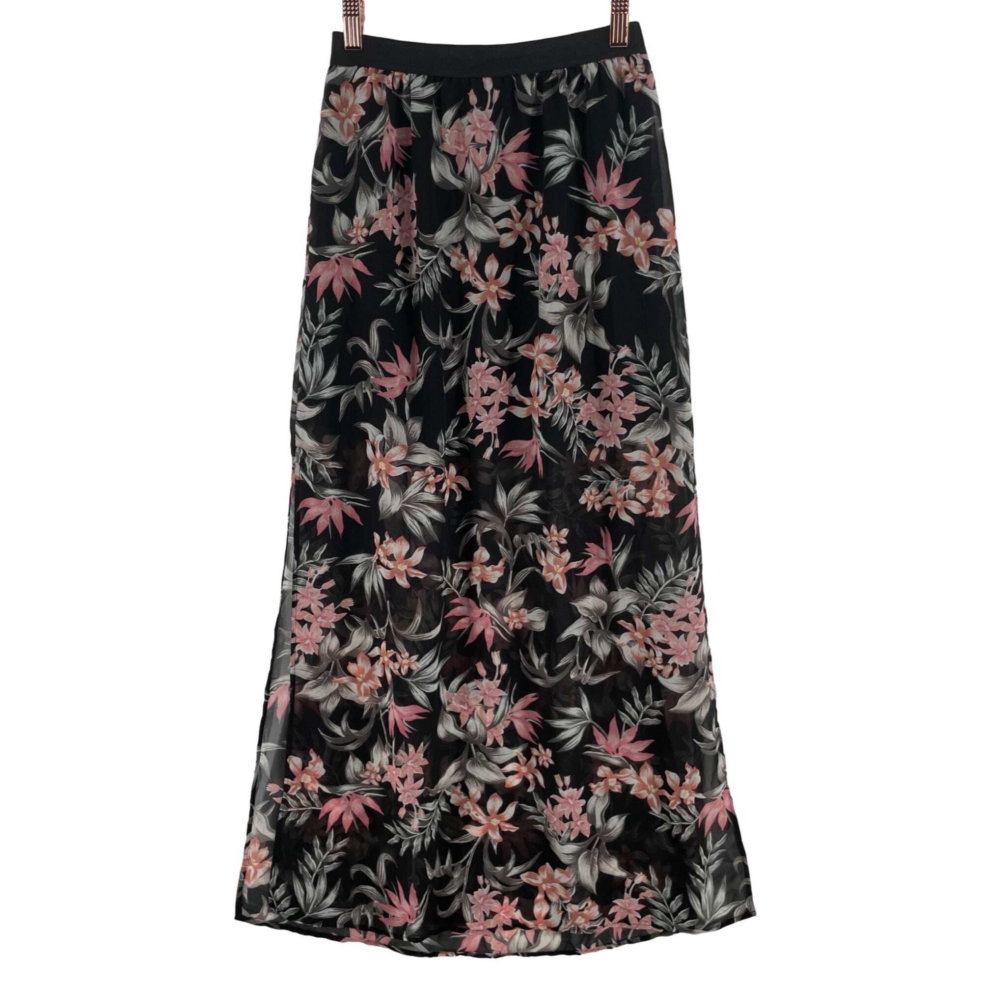 H&M Women's Size 4 Black/Grey/Pink/Yellow Floral Sheer Flowy Maxi Skirt