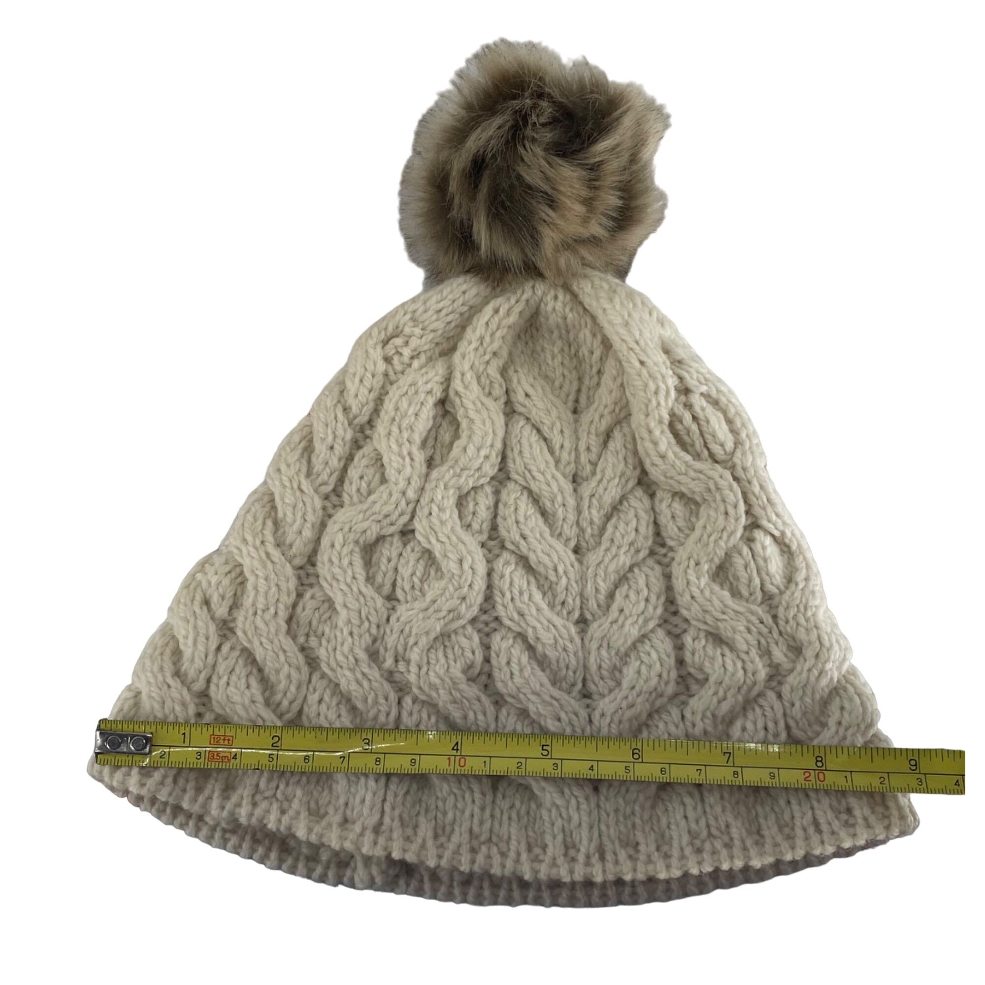 NWOT Women's Small Cream Cable-Knit Aran Sweater Market Merino Wool Faux Fur Pom Pom Beanie