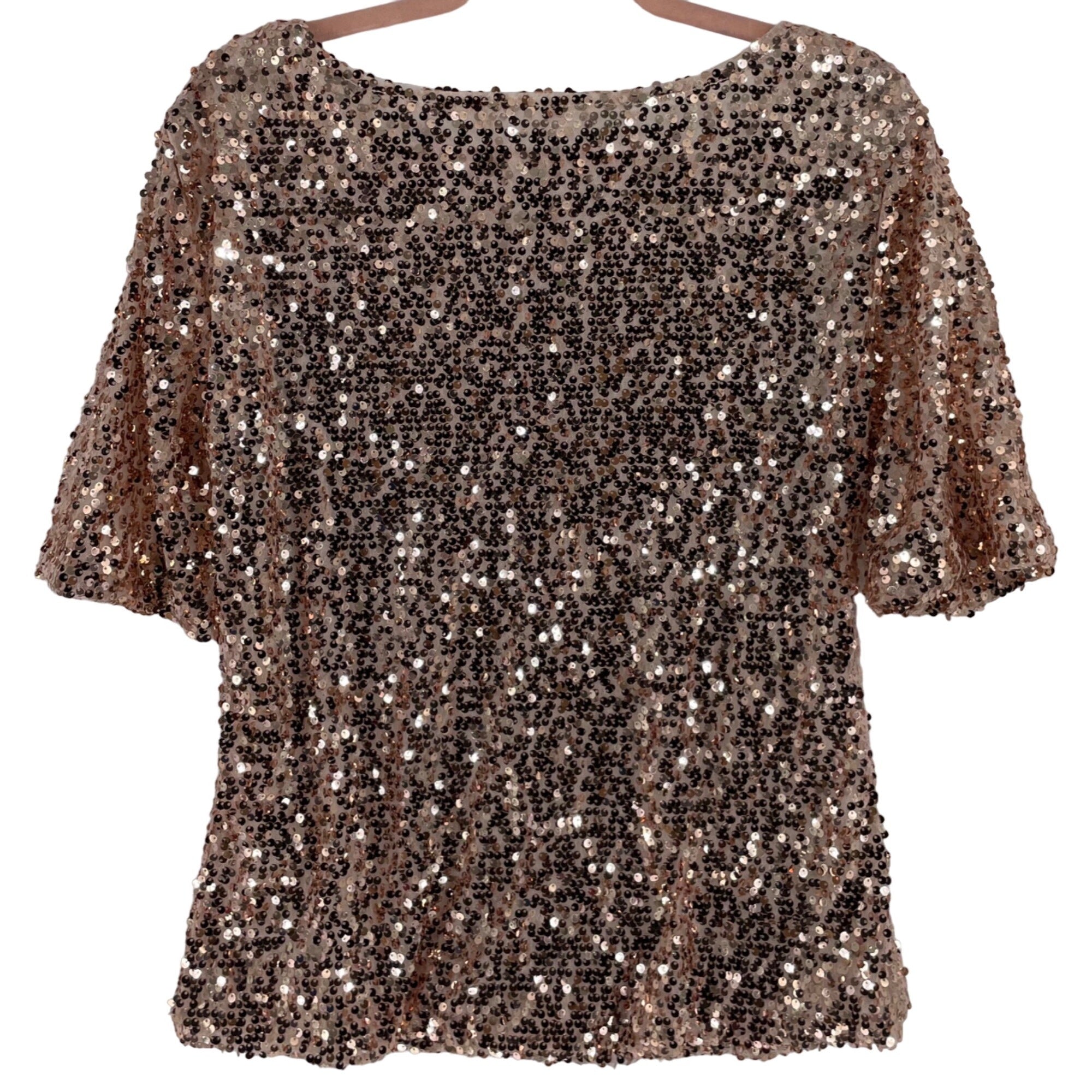 Women's Size Large Rose Gold Sequin Crew Neck Short-Sleeved Top