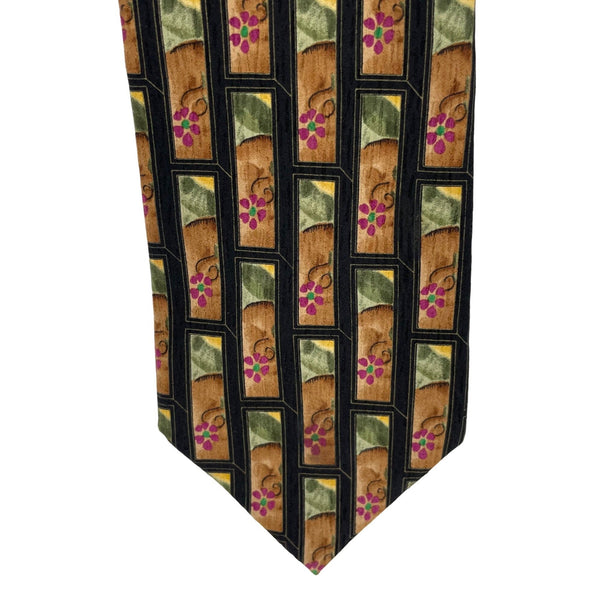 J. Garcia Men's Black/Orange/Yellow 100% Silk Floral Motif Dress Tie