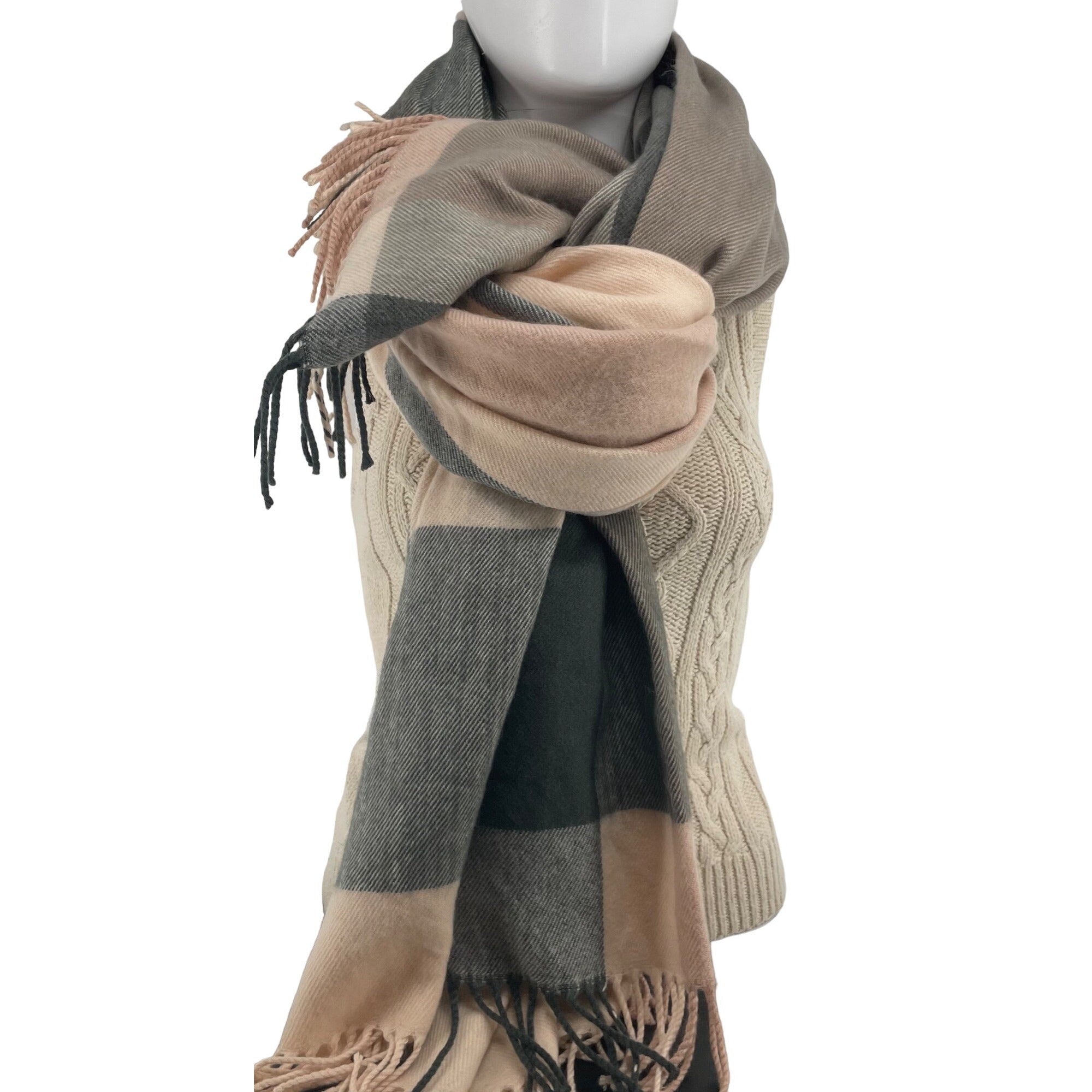 NWOT J. Crew Women's Large Grey & Light Pink Plaid Mock Wool Winter Scarf W/ Tassels