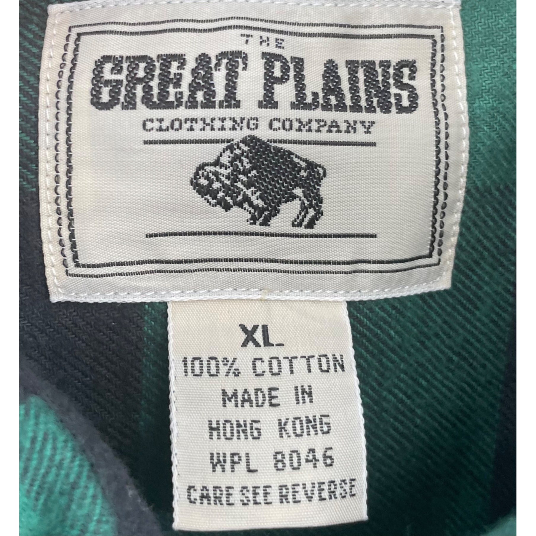 NWT The Great Plains Men's Size XL Green & Black Checkered Plaid Button-Down Flannel Shirt