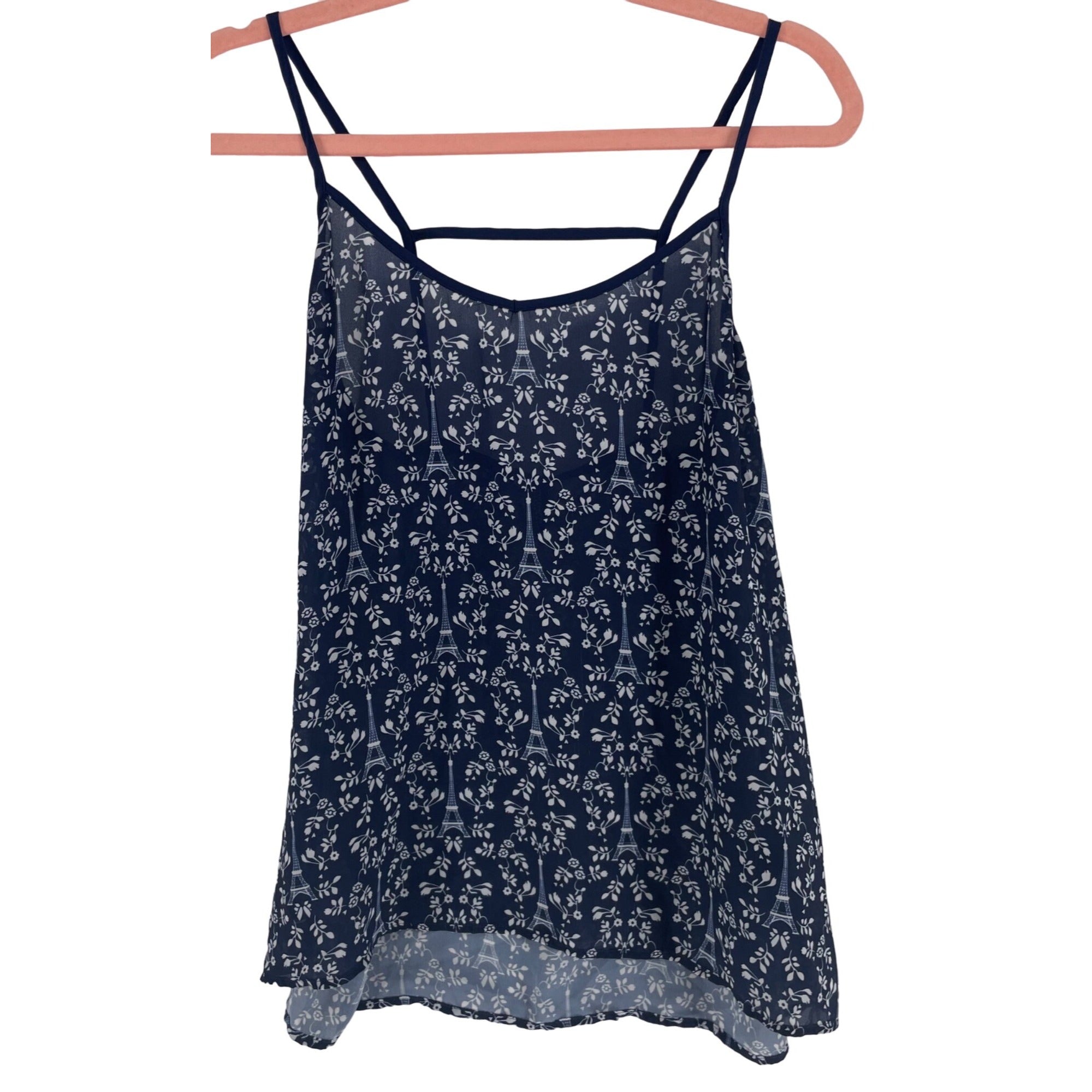 H&M Women's Size 14 Navy Blue & White Spaghetti Strap Eiffel Tower Motif Sheer Cami