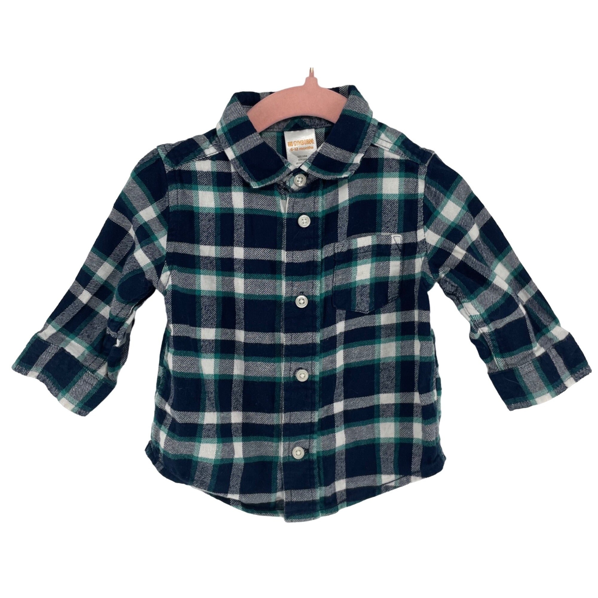 Gymboree Boy's Baby Size 6-12 Months Navy/Green/White Plaid Flannel Button-Down Top