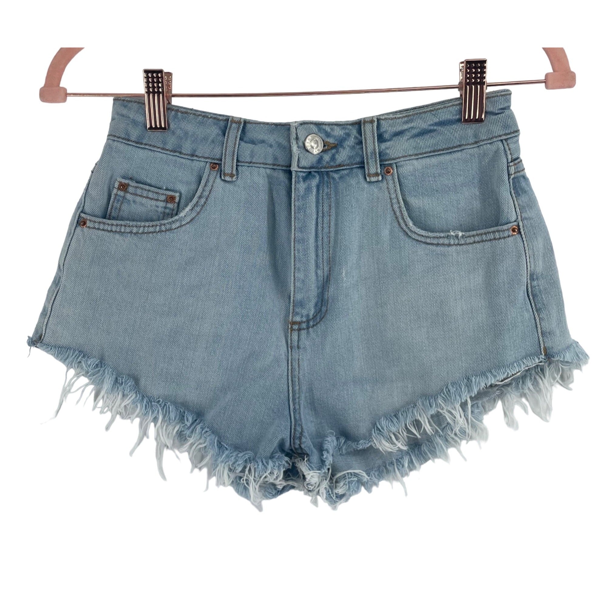 Topshop Moto MOM Women's Size 8 Light Blue Denim Shorts W/ Fringe Hem