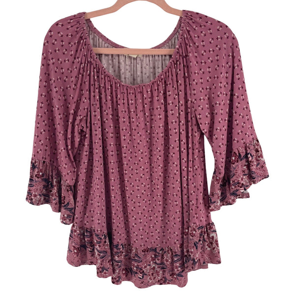 Style & Co Women's Size Large Mauve Pink/White/Navy Floral Bell Sleeve Ruffle Top