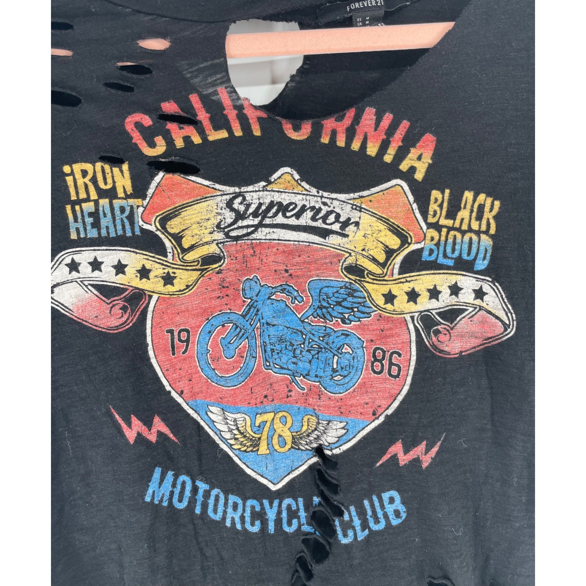 Forever 21 Women's Size Medium Black Distressed Motorcycle Club Graphic T-Shirt