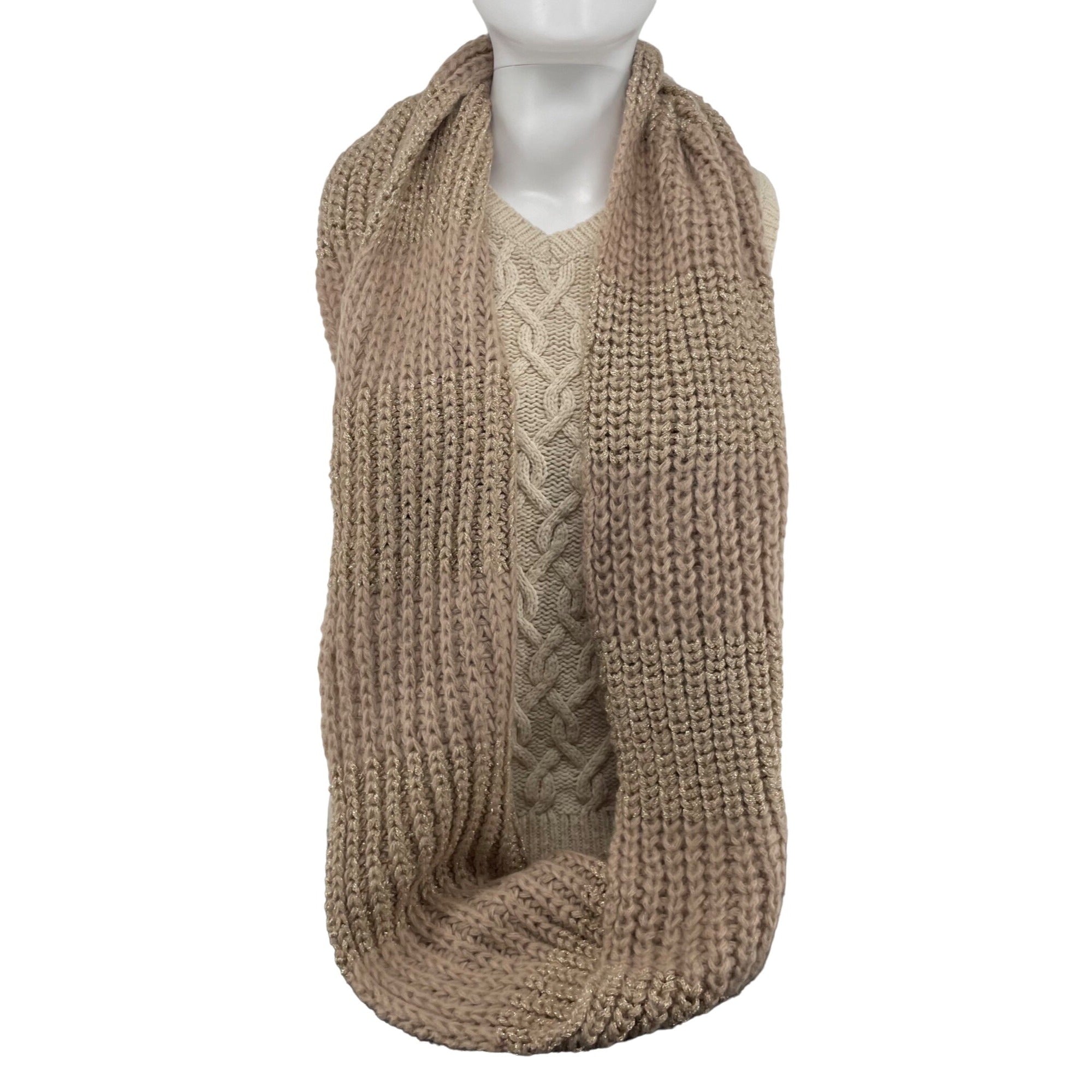 NWT LOFT Women's Light Brown & Sparkly Gold Infinity Loop Knit Scarf