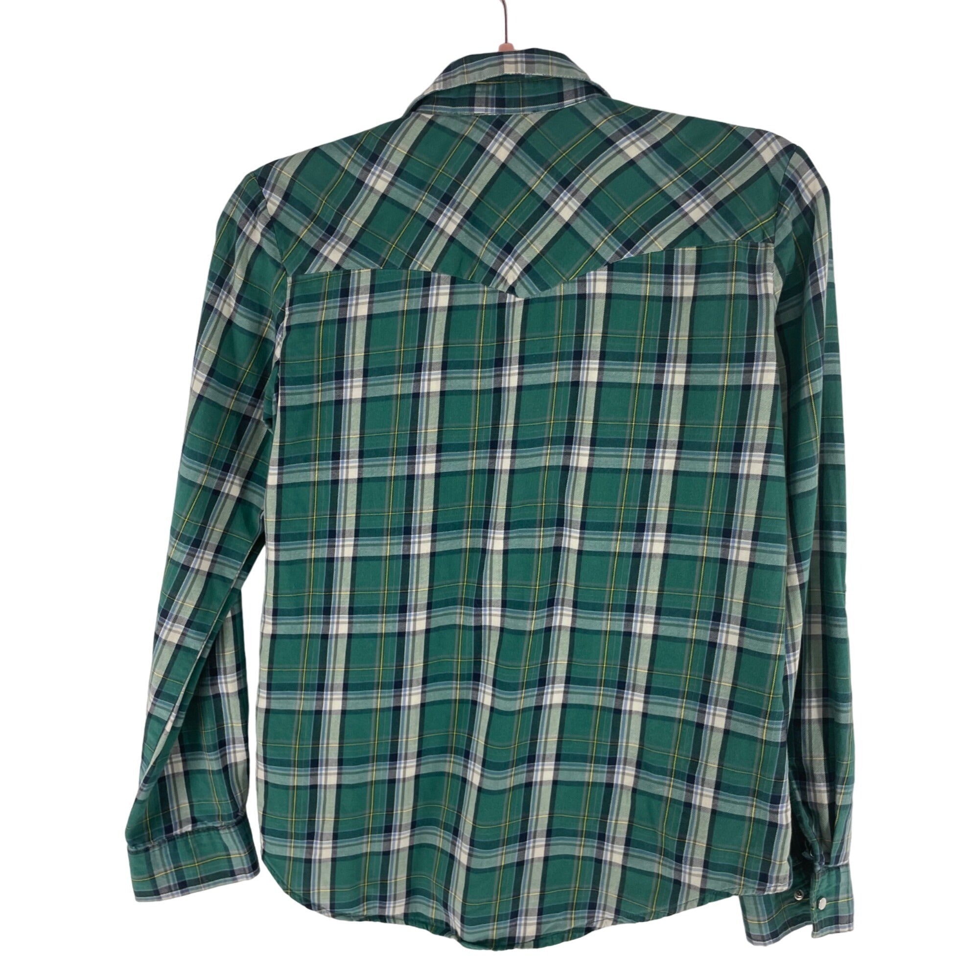 Zara Women's Western Size XS Green Plaid Button-Down Flannel W/ Rhinestones & Silver Studs