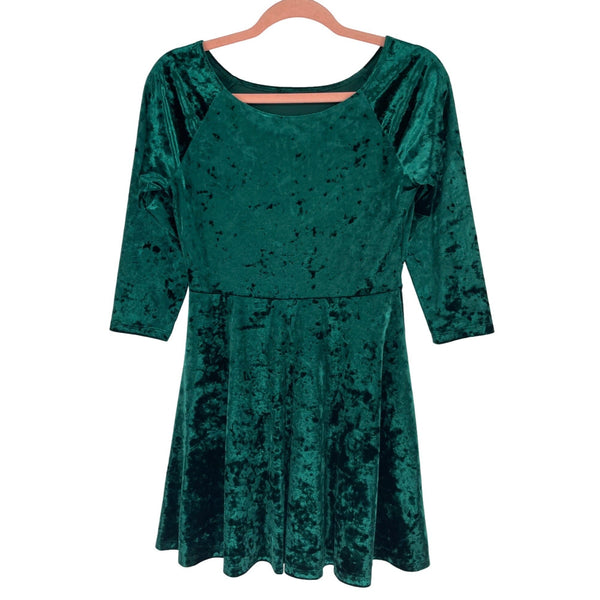 Forever 21 Women's Size Medium Crushed Velour Emerald Green 3/4 Length Sleeve A-Line Midi-Dress