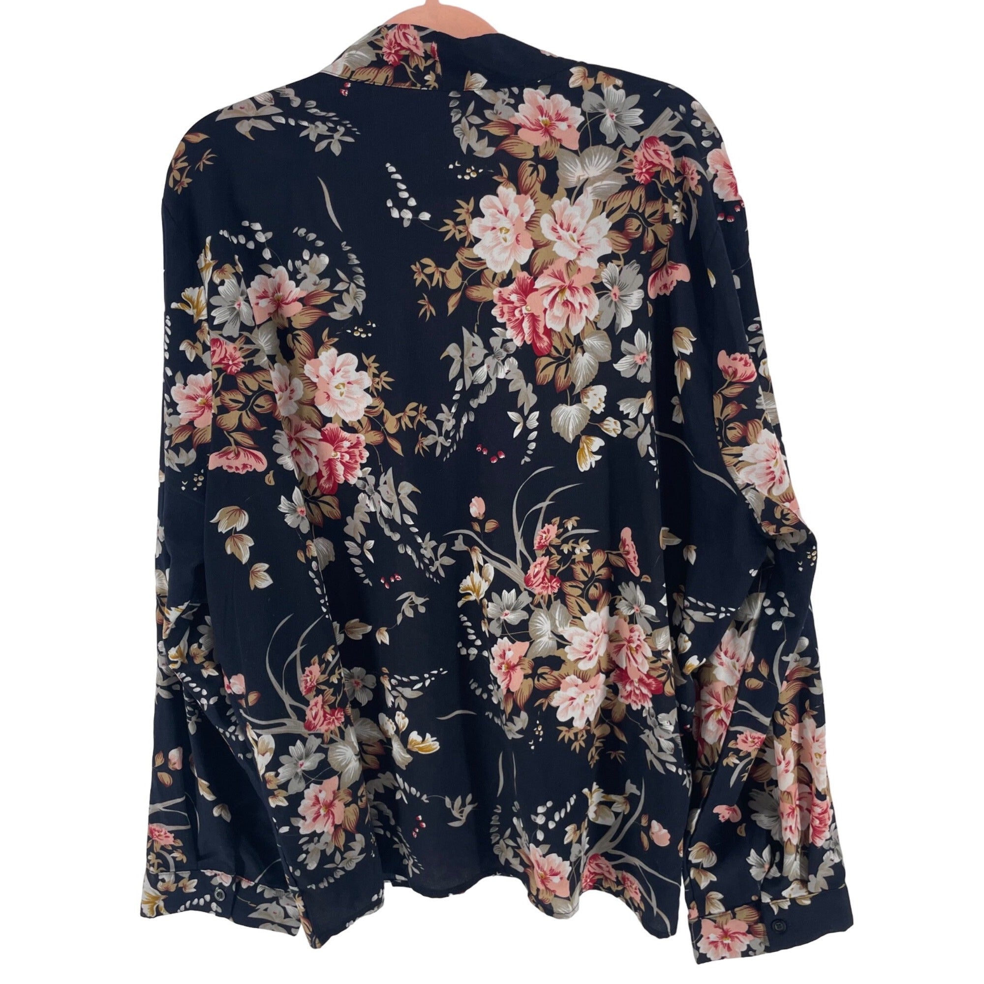 Shein 4XL Navy Blue/Multi-Colored Floral Long-Sleeved Blouse W/ Sash