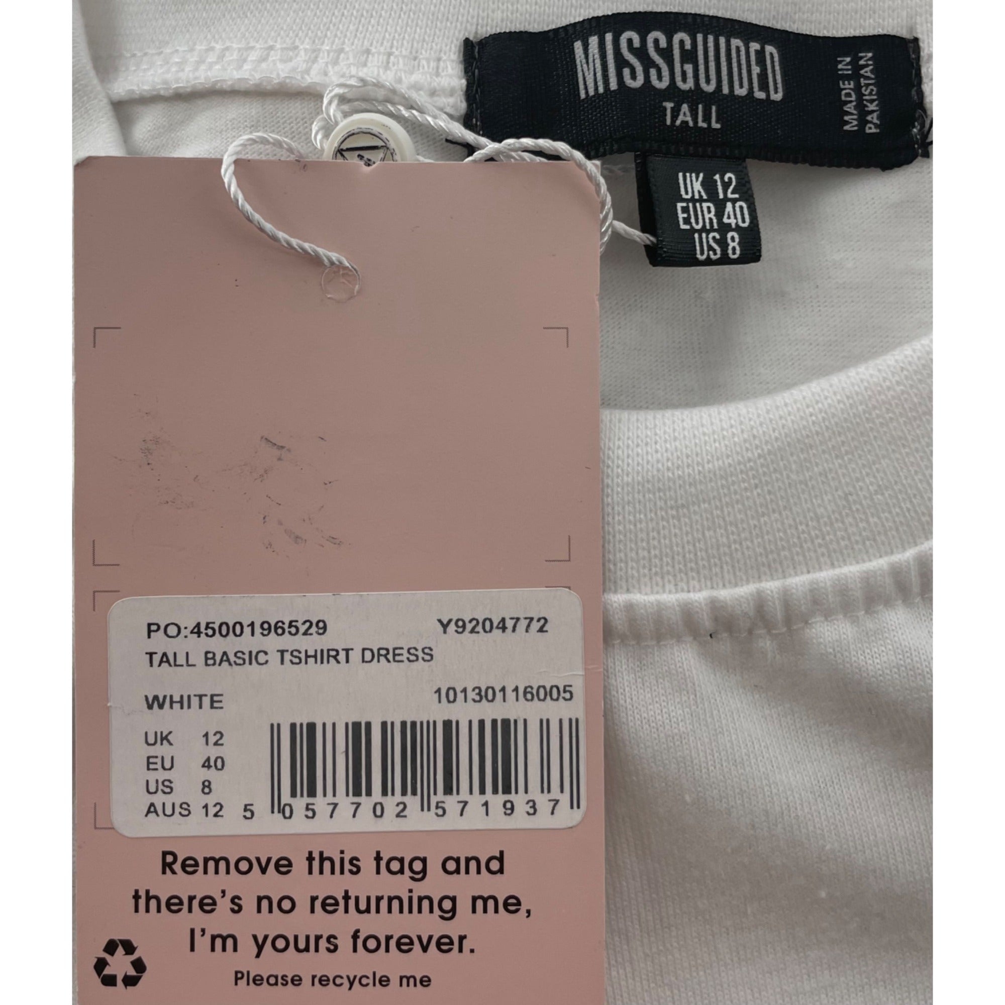 NWT Missguided Women's Size 8 Tall White Crew Neck T-Shirt Dress