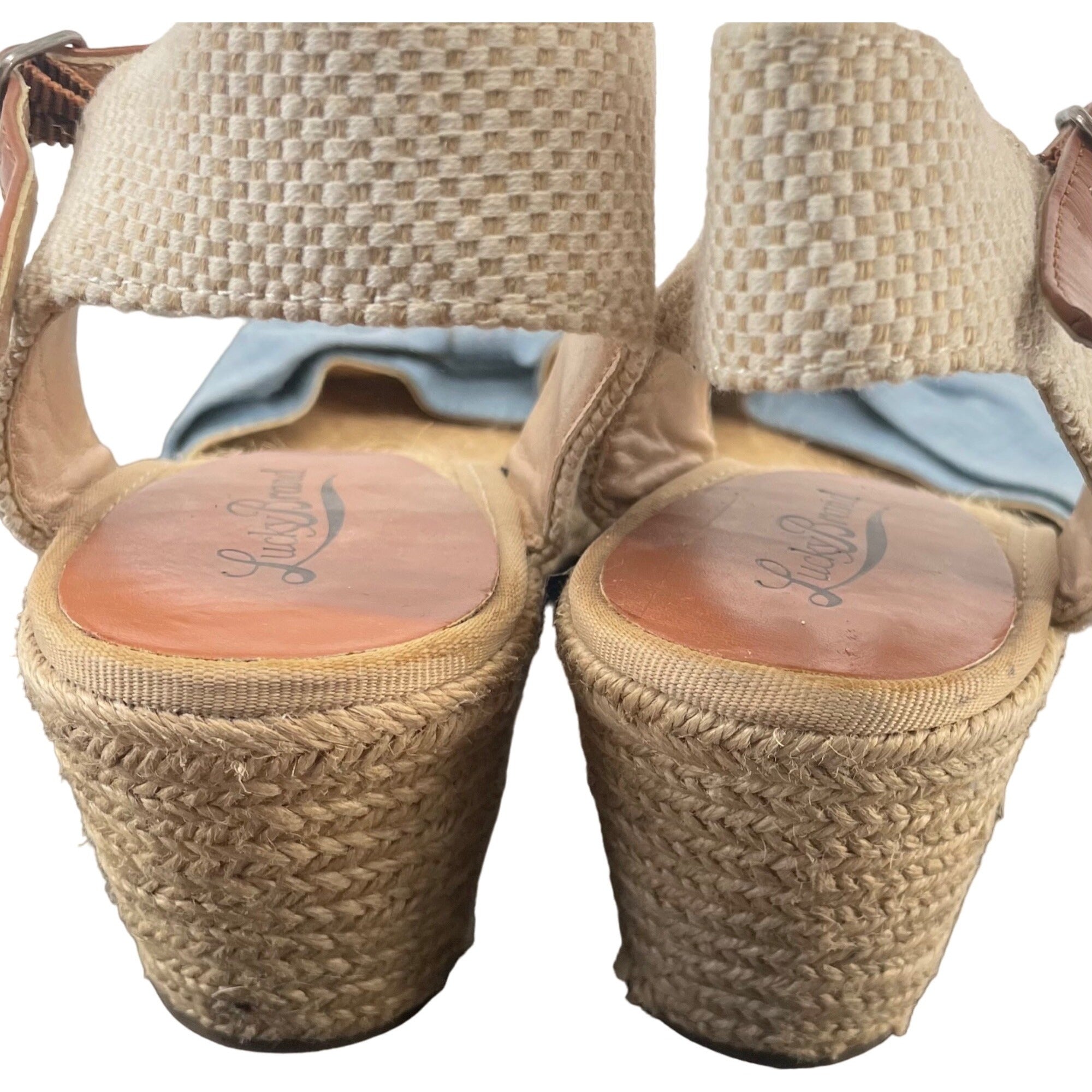 Lucky Brand Women's Size 11 Blue & Tan Wedge Espadrille Sandal W/ Bows