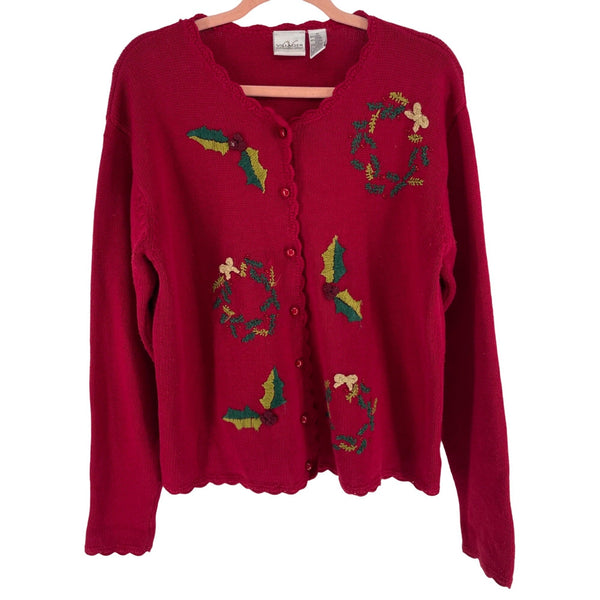 Villager Liz Claiborne Women's Size Medium Red/Multi-Colored Christmas Cardigan