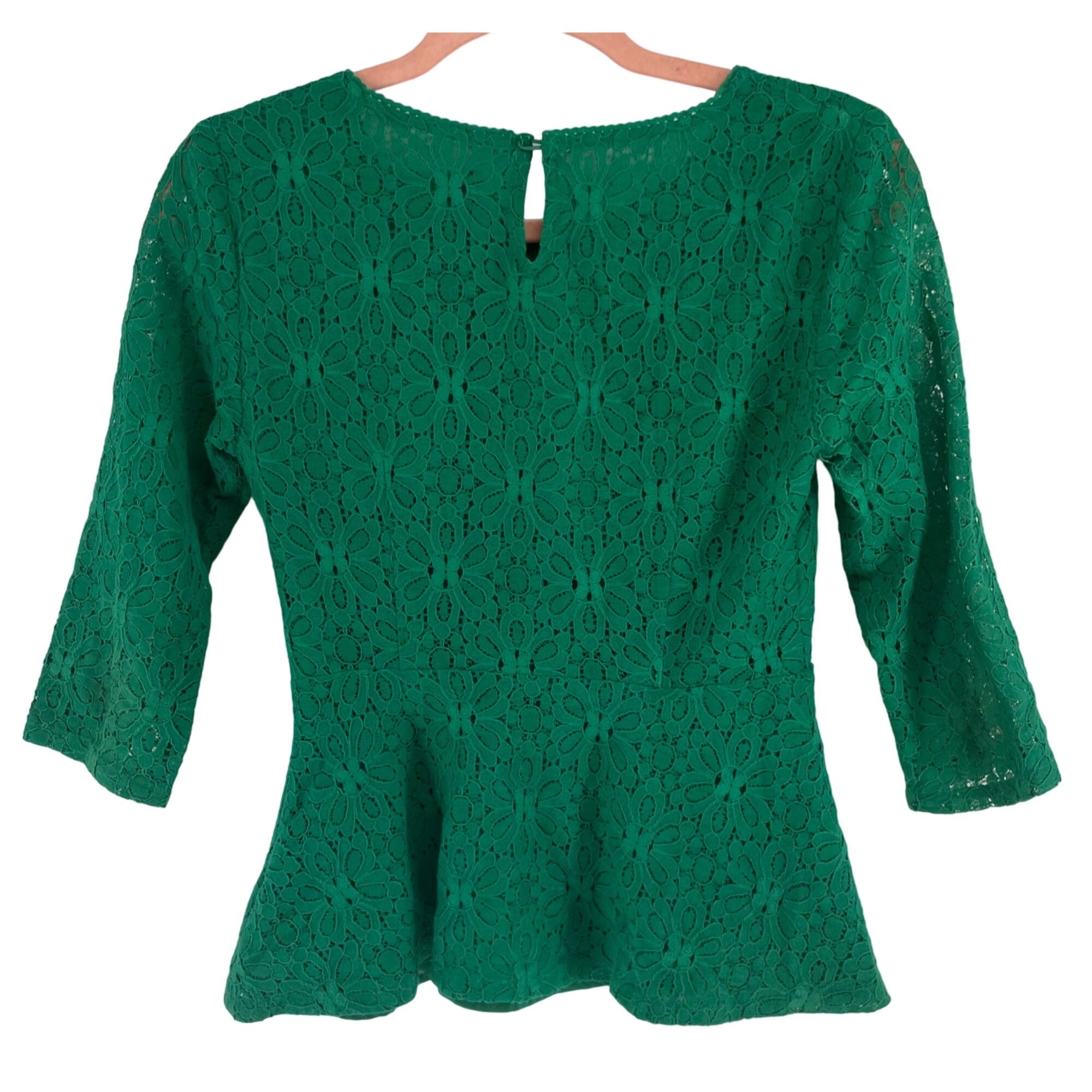 Moulinette Soeurs Women's Size 2 Green Floral Lace 3/4 Length Sleeve Peplum Top