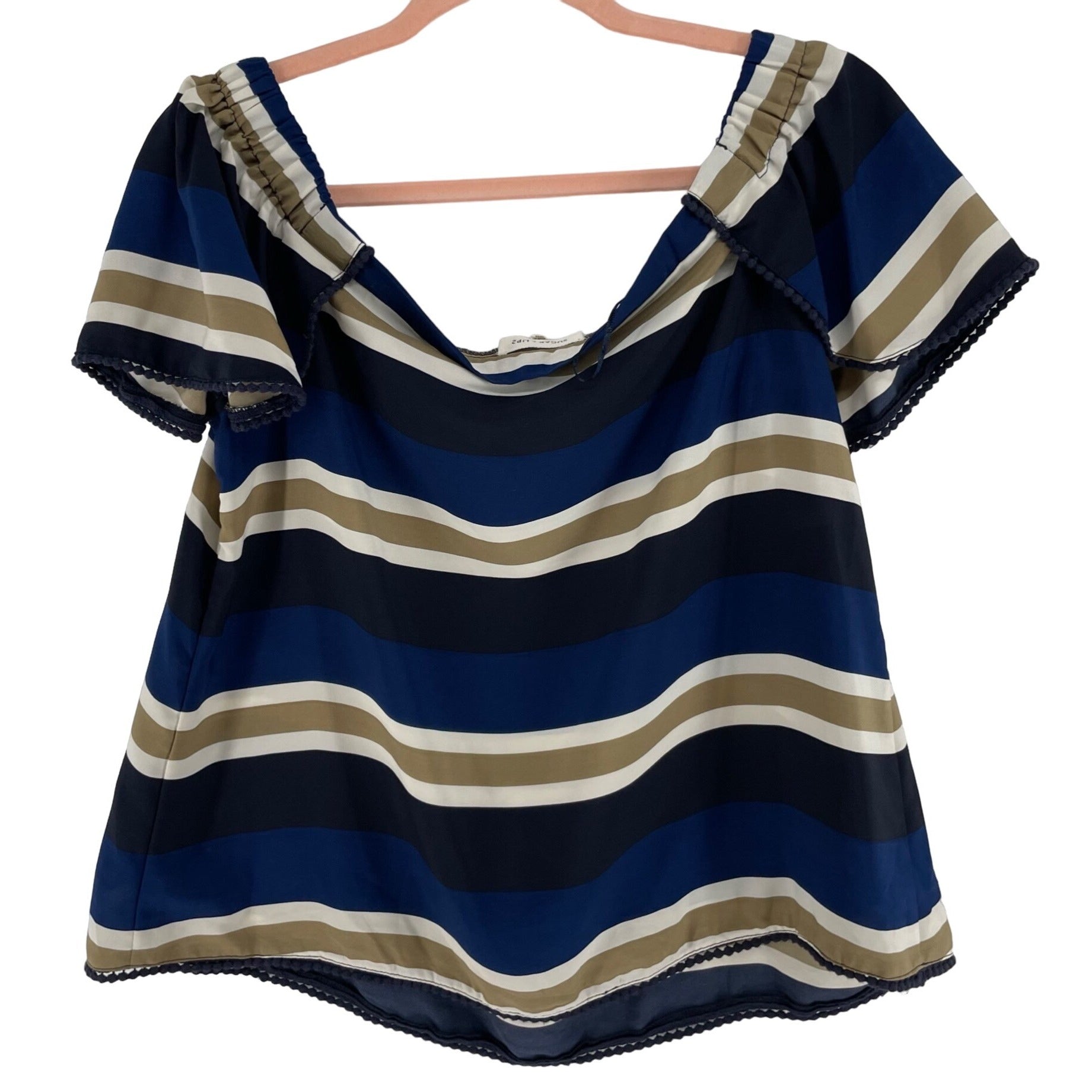 Sugarlips Women's Size Medium Blue/Tan/White/Black Striped Off-The-Shoulder Top