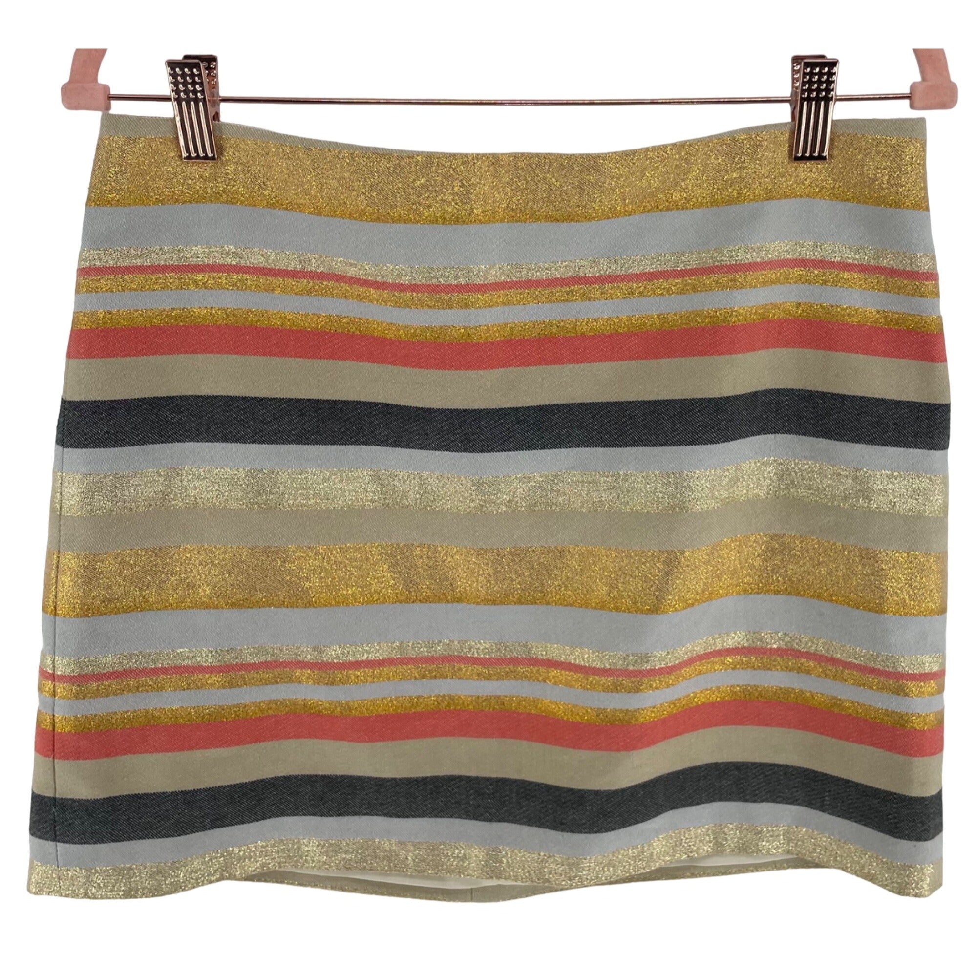 J. Crew Women's Size 4 Coral Pink, Grey, Tan & Gold Striped Sparkly Mini Skirt