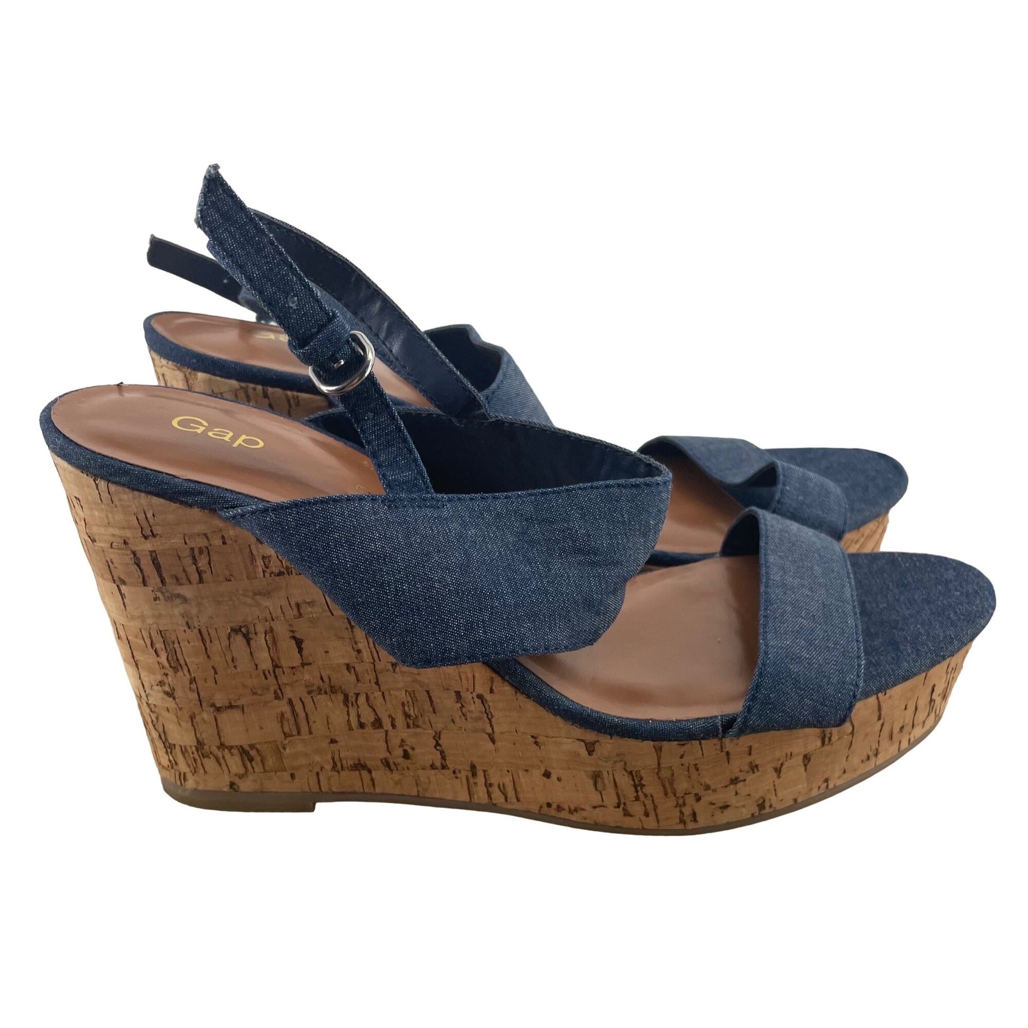 Gap Women's Size 8 Chambray Cork Wedge Open-Toe 4" Heel Espadrille Platform Strappy Sandals