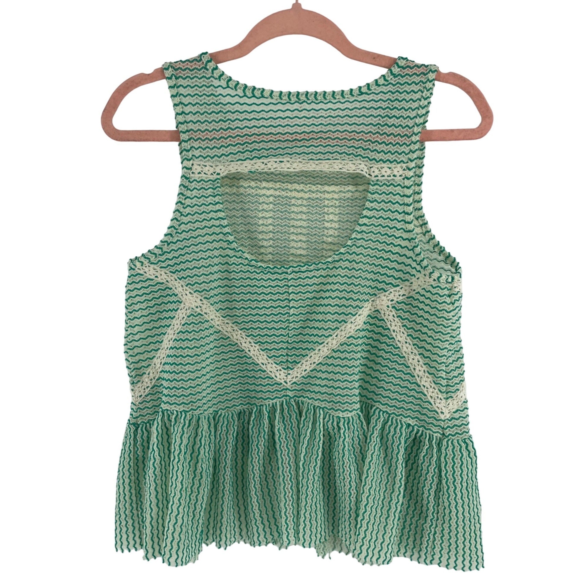 Free People Women's Size XS Green & Cream Sleeveless Sheer Lace Knit Top W/ Ruffle Hem