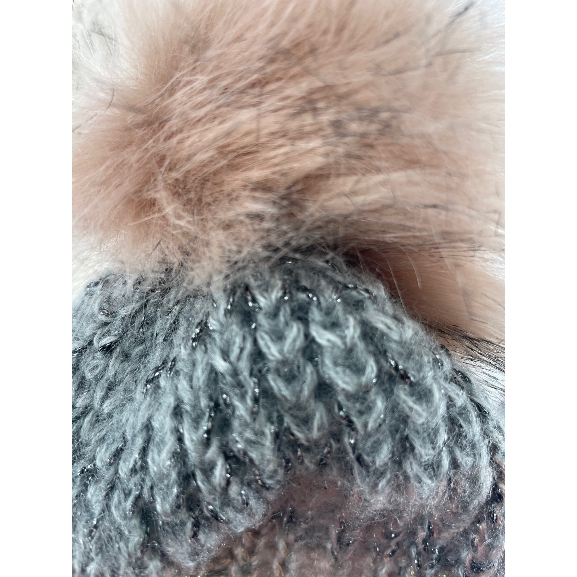 Next Women's Pink and Silver Sparkly Faux Fur Pom Pom Knit Beanie