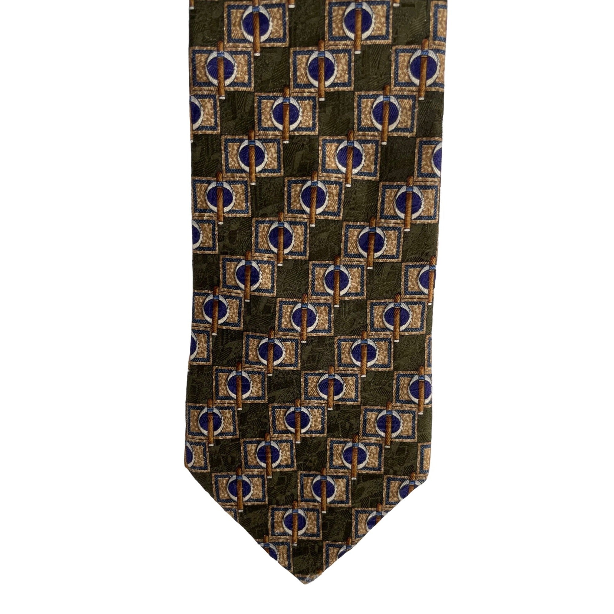 Fumagalli's Men's Olive Green, Navy & Tan Cigar Print Silk Dress Tie