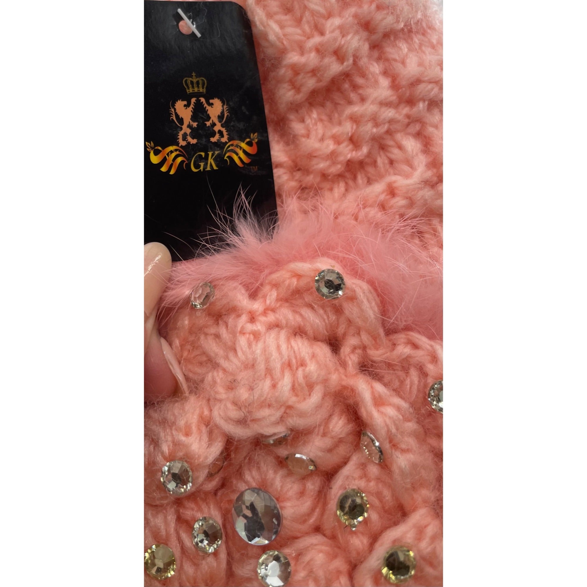 NWT GK Girl's Pink Crochet Beanie W/ Crocheted Flower, Pink Feathers & Rhinestone Embellishment