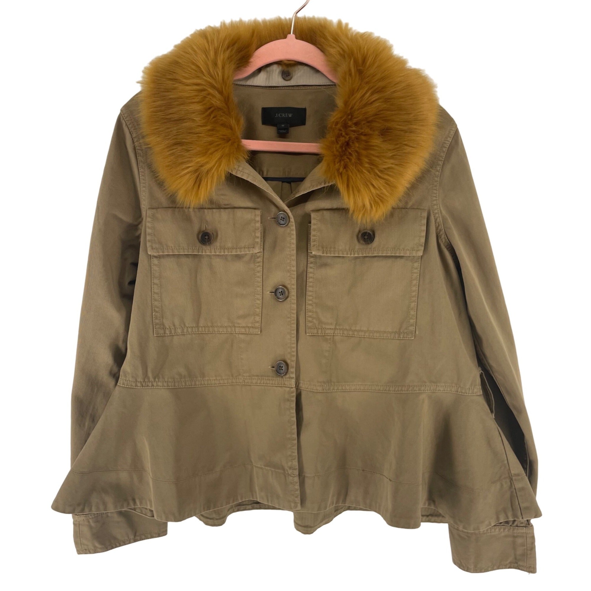 J. Crew Women's Size Medium Short Tan Utility Jacket W/ Orange Faux Fur Collar