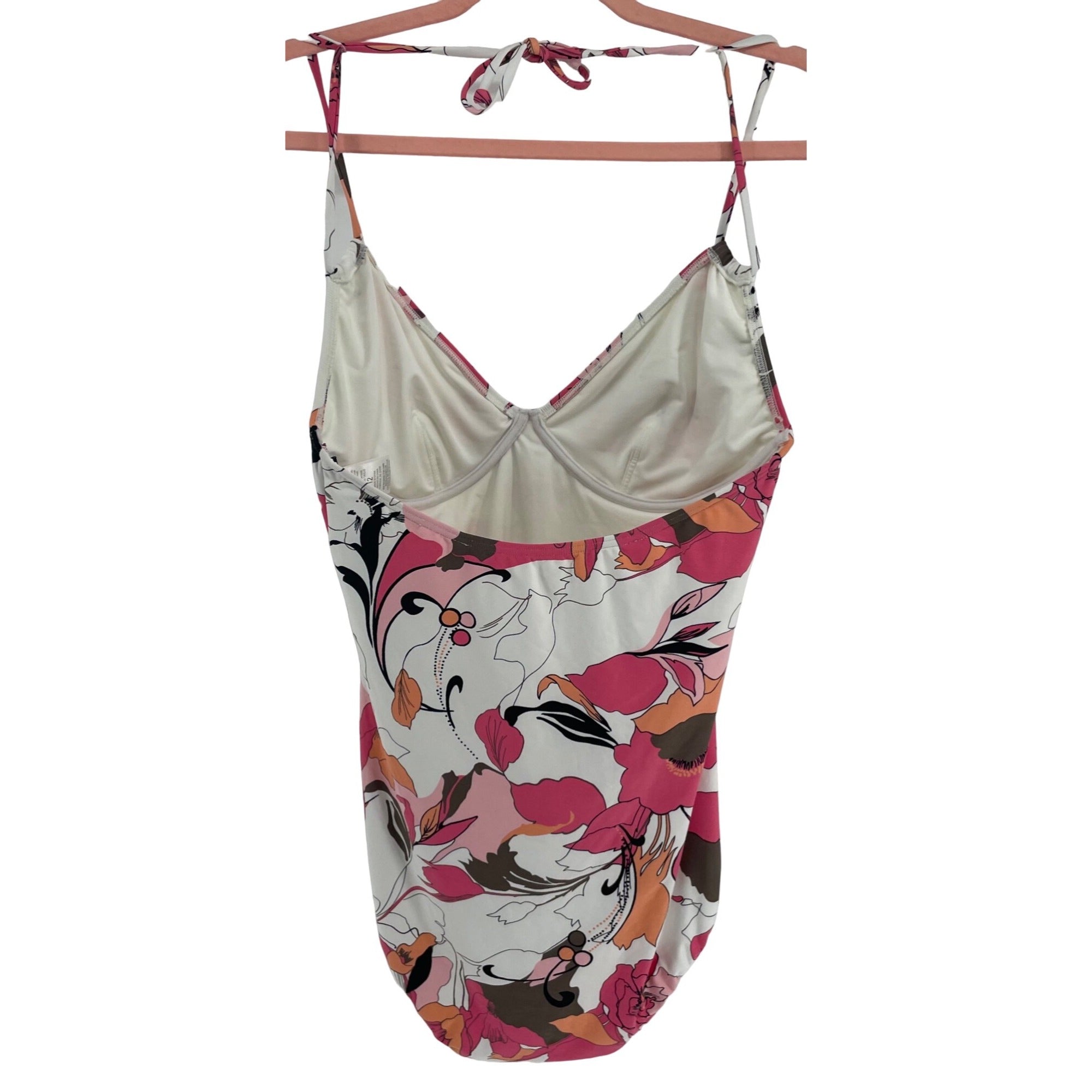 DKNY Women's Size 12 Pink, Orange, White & Black Floral Wired Swimsuit