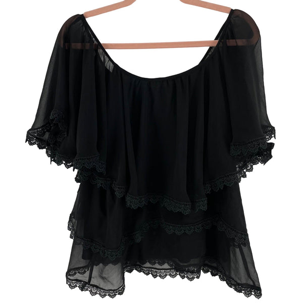 Gisbon Women's Size Medium Black Flowy Layered Top W Lace Trim