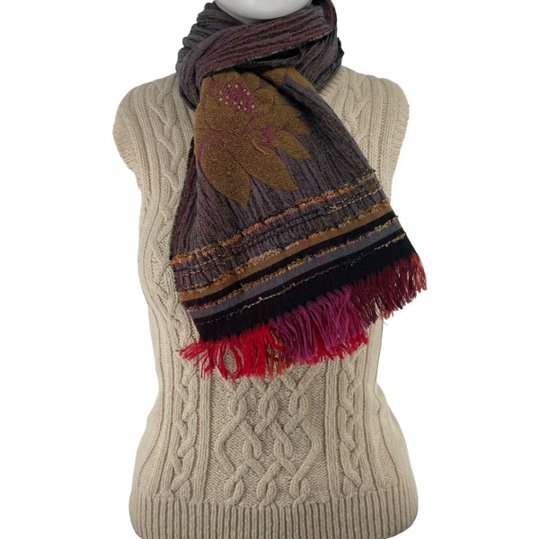 Women's Floral Embroidered Multi-Colored Scarf W/ Tassel Fringe