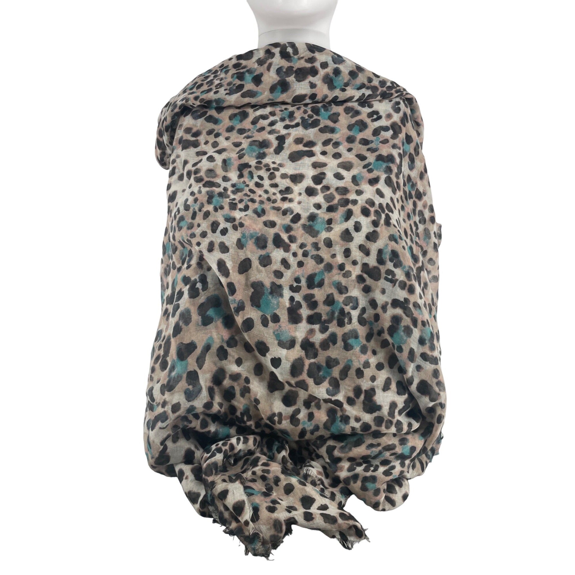 Women's Leopard Print Teal, Tan, Mauve Brown & Black Sheer Scarf W/ Fringe Hem