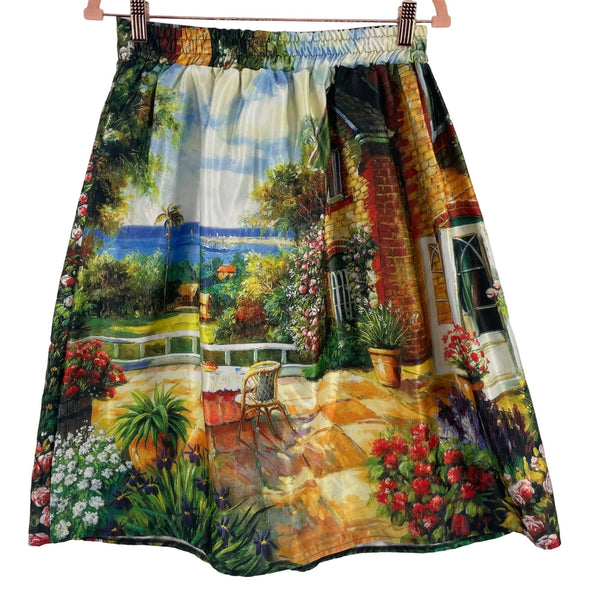 Women's Size Medium Multi-Colored A-Line Satin Mid Skirt W/ Cottage Patio Motif