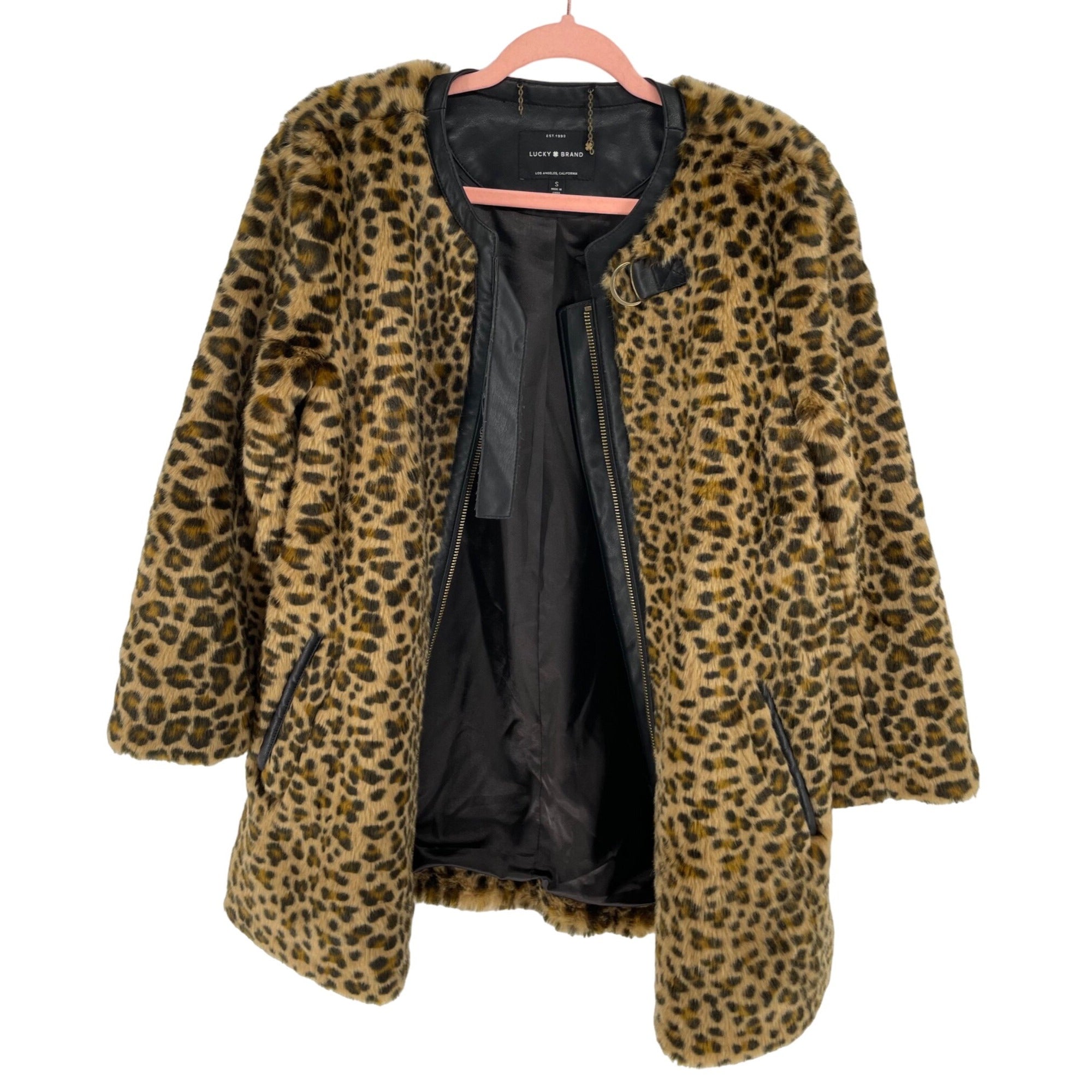 Lucky Brand Women's Small Faux Leopard Print Coat W/ Black Faux Leather Trim