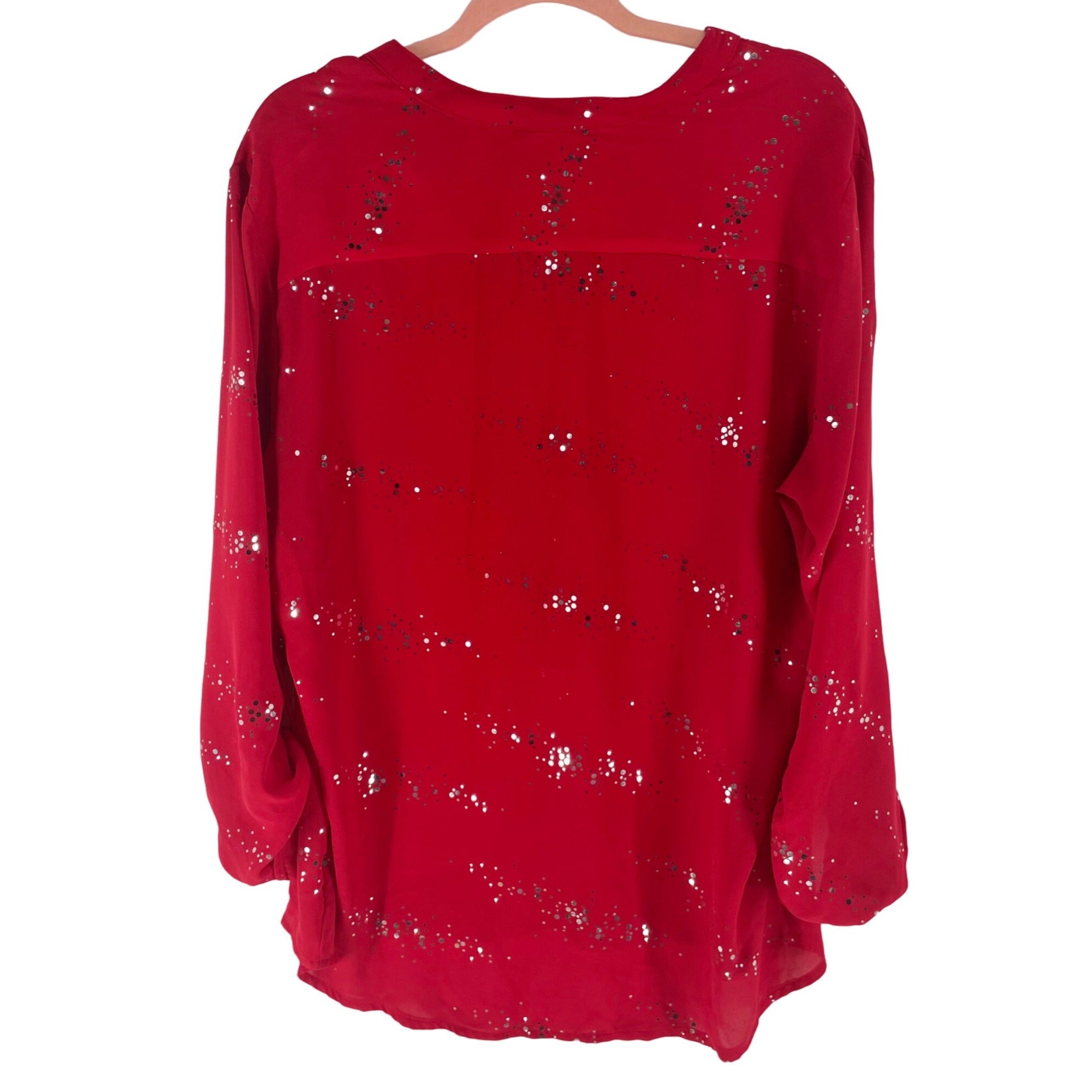 NY Collection Women's XL Button-Down Red Blouse with Silver Circular Sparkles