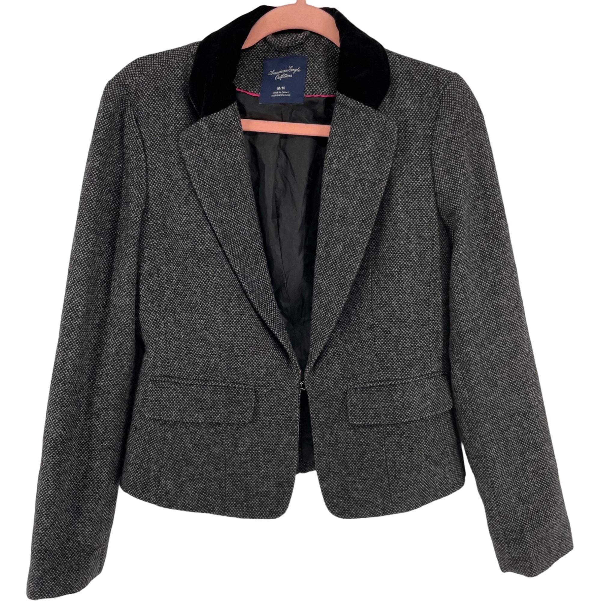 American Eagle Women's Size Medium Black/Grey/Silver Tweed & Velvet Blazer