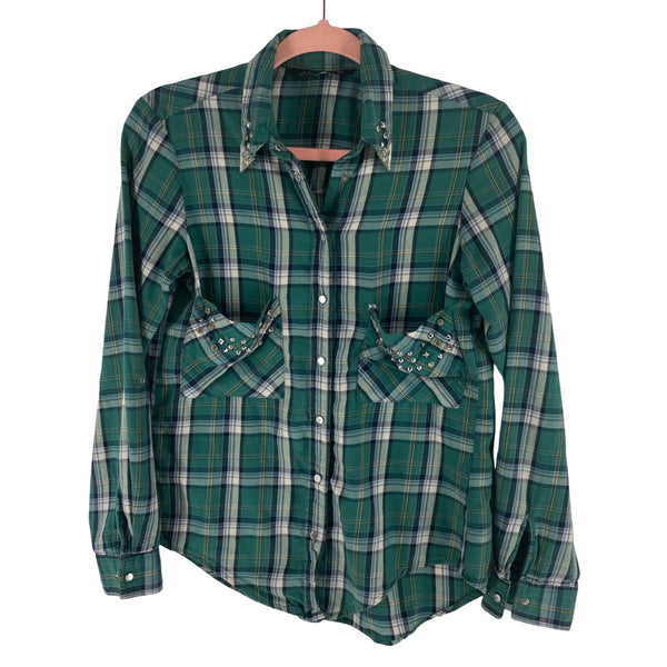 Zara Women's Western Size XS Green Plaid Button-Down Flannel W/ Rhinestones & Silver Studs