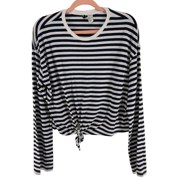 H&M Women's Size Large Navy & White Crew Neck Long-Sleeved Shirt W/ Knot