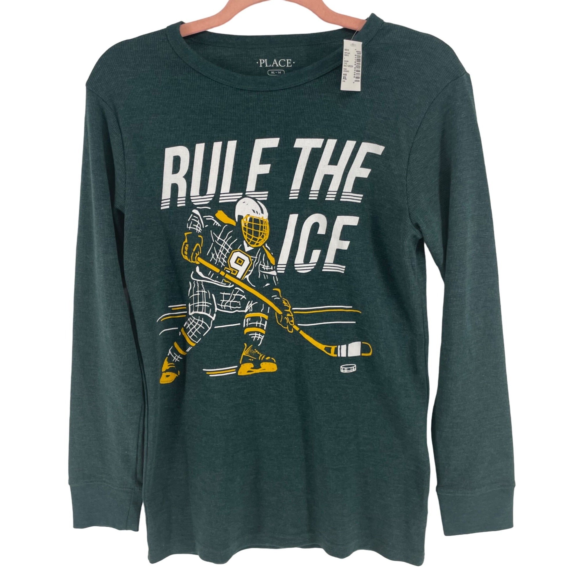 NWT Place Boy's Size 14 XL Forest Green Graphic "Rule The Ice" Hockey Henley